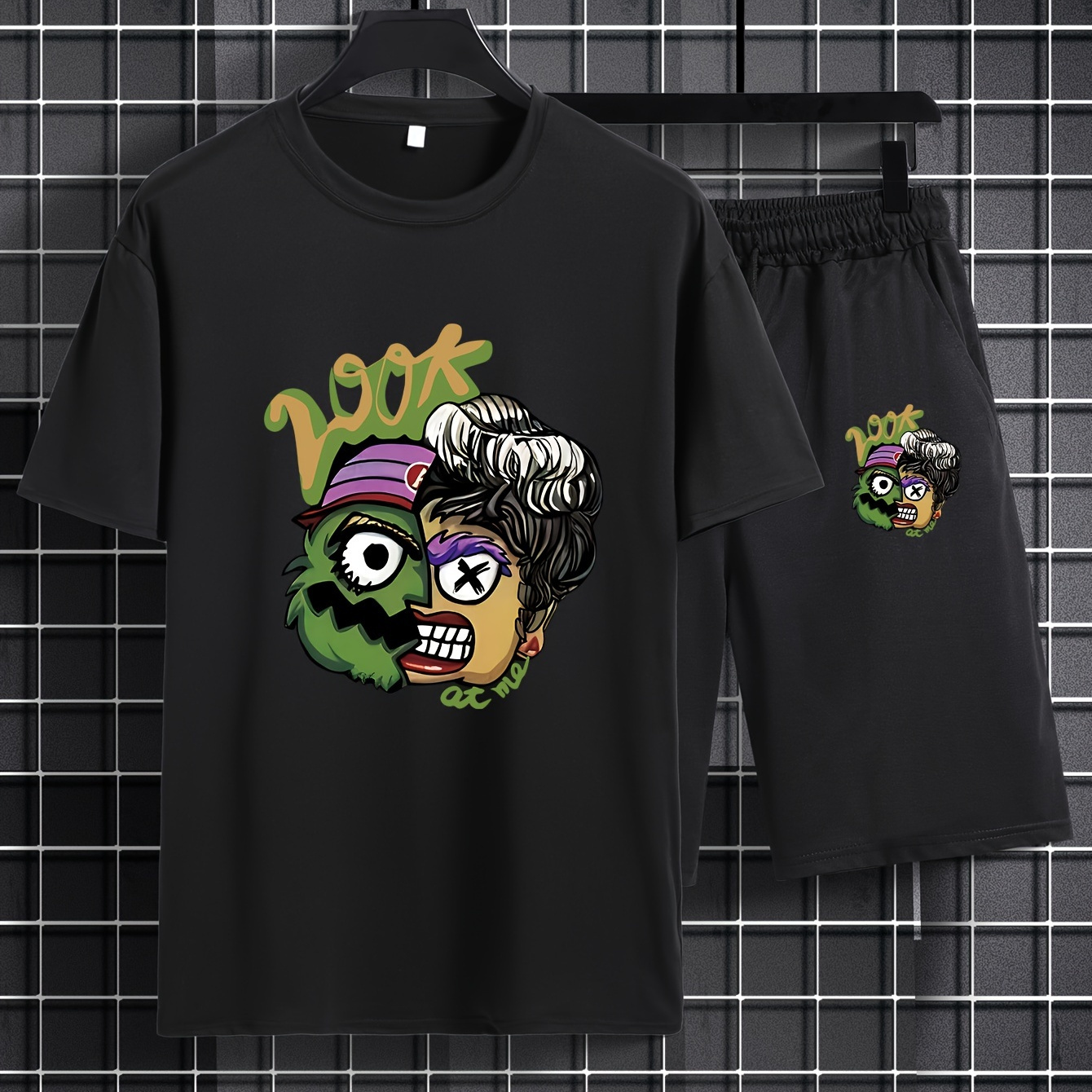 

Monster Print, Mens 2 Piece Outfits, Comfy Short Sleeve T-shirt And Casual Drawstring Shorts Set For Summer, Men's Clothing