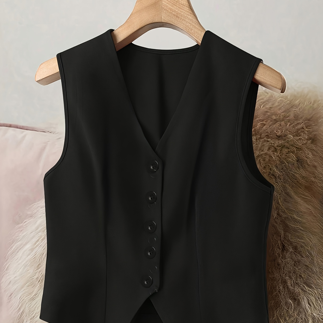 

Elegant V-neck Sleeveless Vest For Women - Solid Color Polyester Vest With Front Button Closure, Woven Adult Fashion Jacket