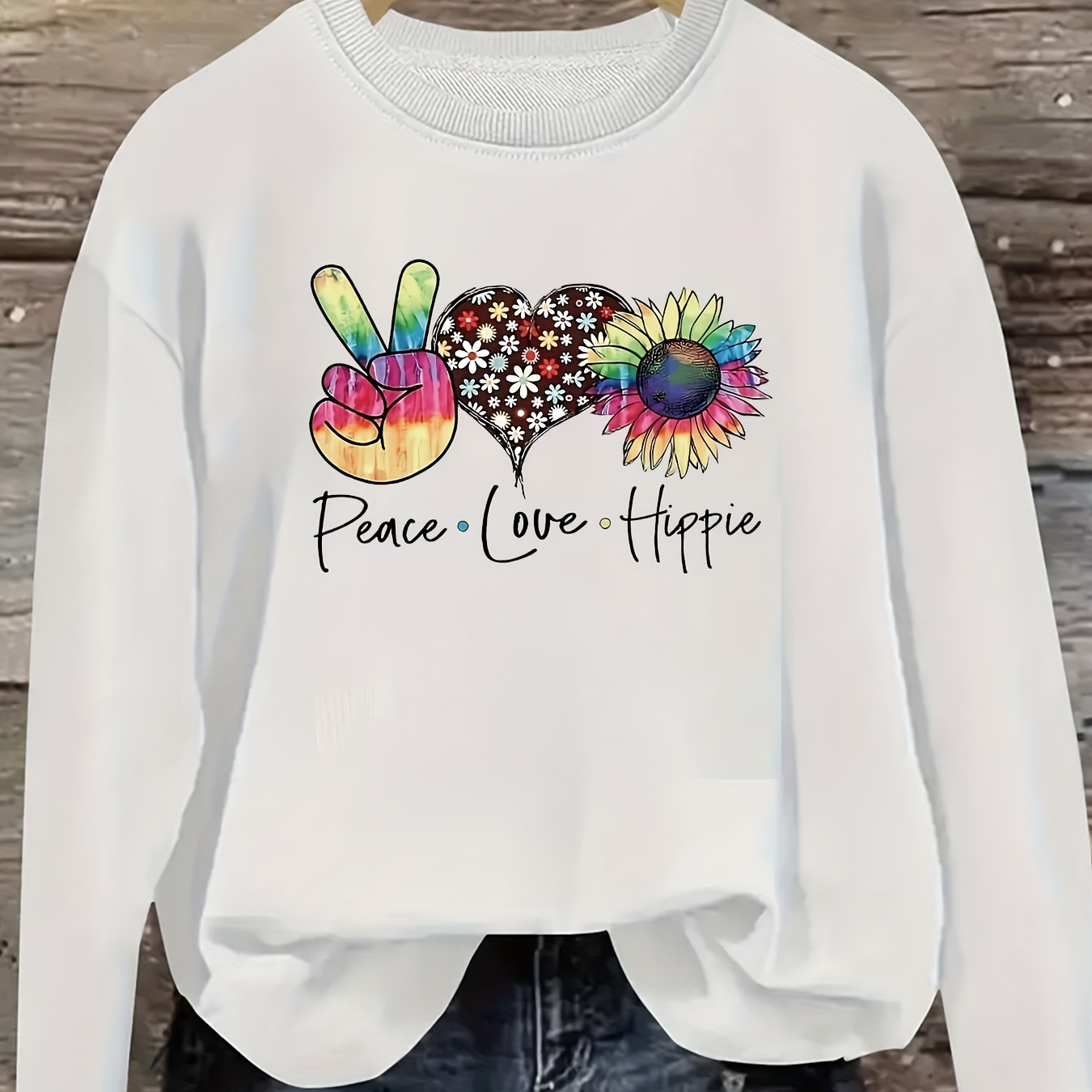 

Women's Casual Crew Neck Long Sleeve Floral Peace Love Hippie Graphic Sweatshirt With Slight Stretch Fabric - Polyester, Rayon, Spandex Blend For Fall/winter