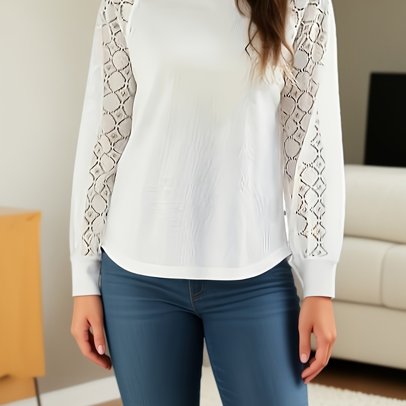 

Plus Size Contrast Lace T-shirt, Casual Crew Neck Long Sleeve Top, Women's Plus Size Clothing