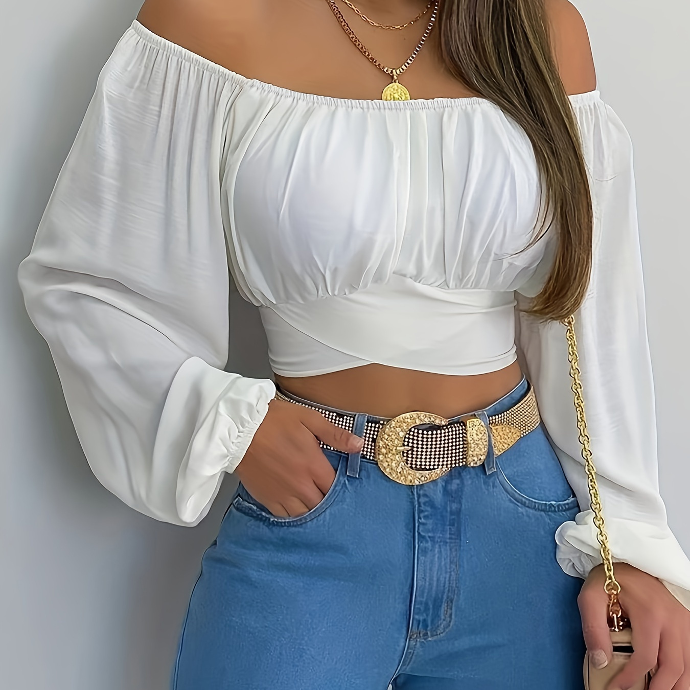 

Solid Cross Tie Back Crop Blouse, Casual Off Shoulder Long Sleeve Top, Women's Clothing For Coquette/cute/y2k Style