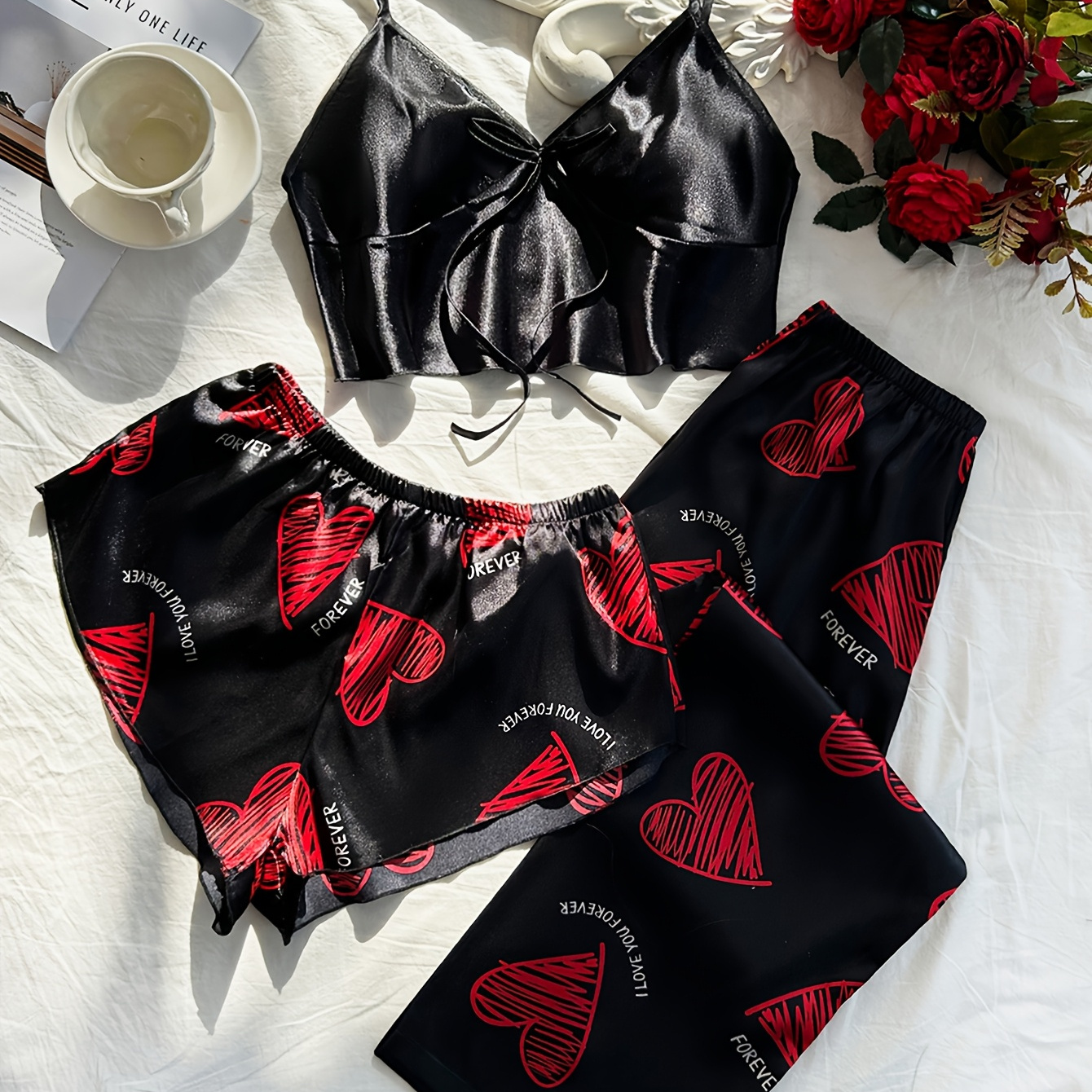 

3pcs Valentine's Day Pajama Set For Women - Sexy V-neck Camisole Print Mini Shorts And Long Pants, 100% Polyester Woven Sleepwear,