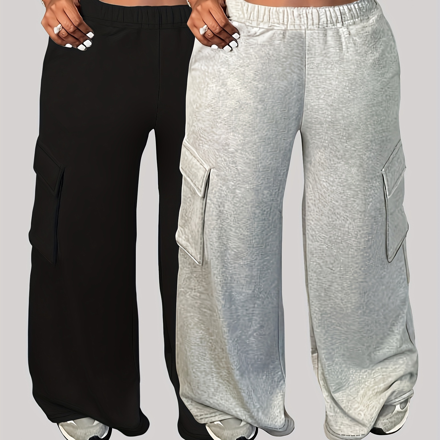 

2 pantalons larges à poches et taille élastique, décontractés, pour le printemps et l'automne, vêtements grande taille pour femmes.