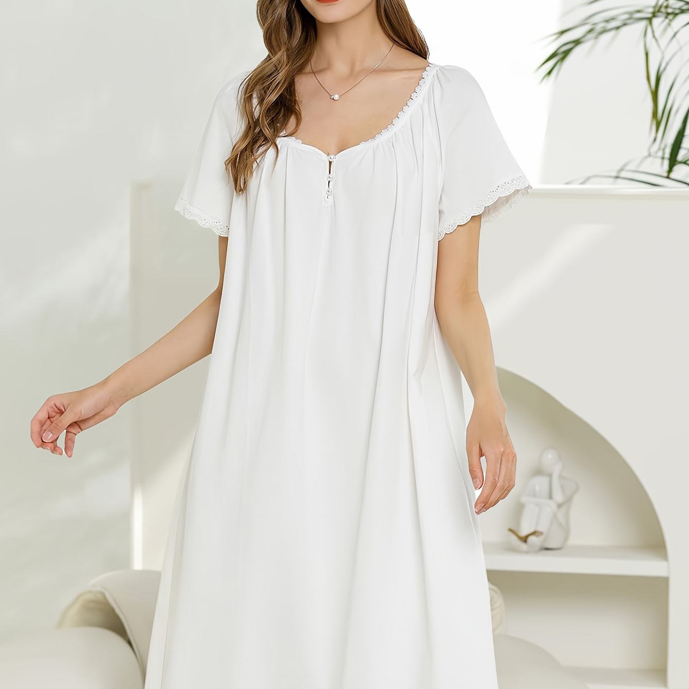 

Retro Solid Lace Trim Nightgown, Short Sleeve Boat Neck Loose Fit Sleep Dress, Women's Sleepwear