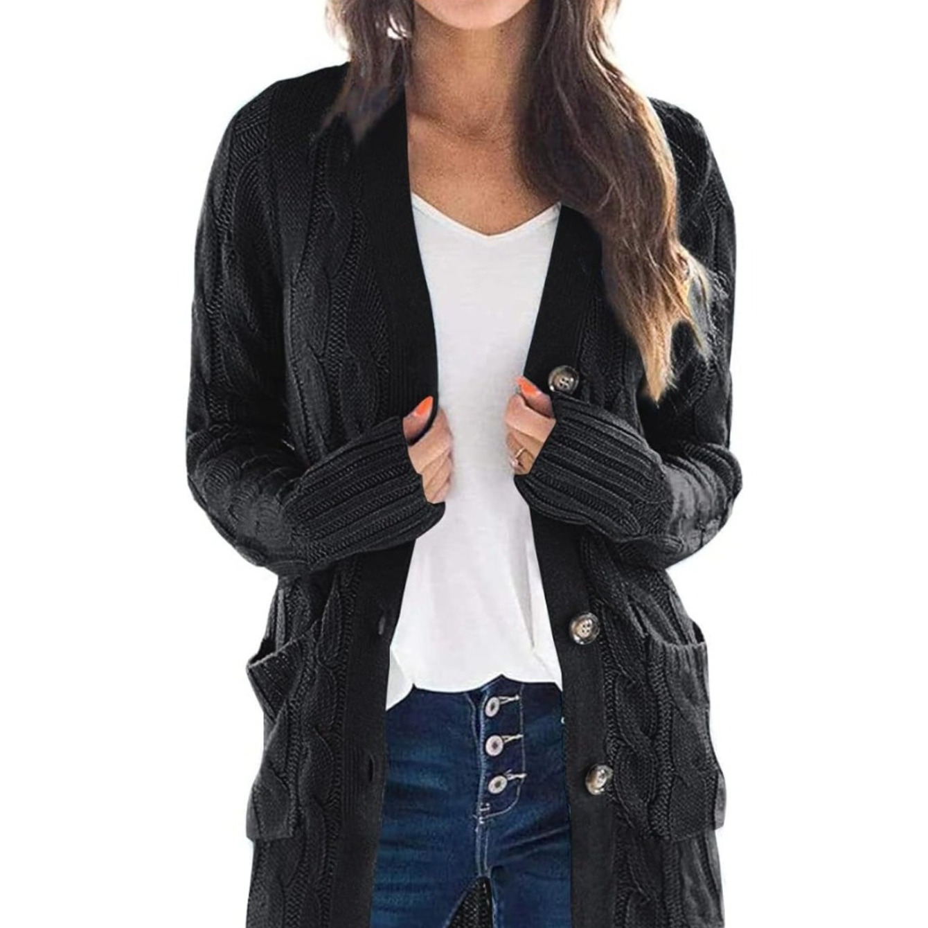 

Women's Long Length Open Front Cable Knit Sweater, Cozy Solid Sweater With Pocket, Casual Sweater Coat, Women's Clothing