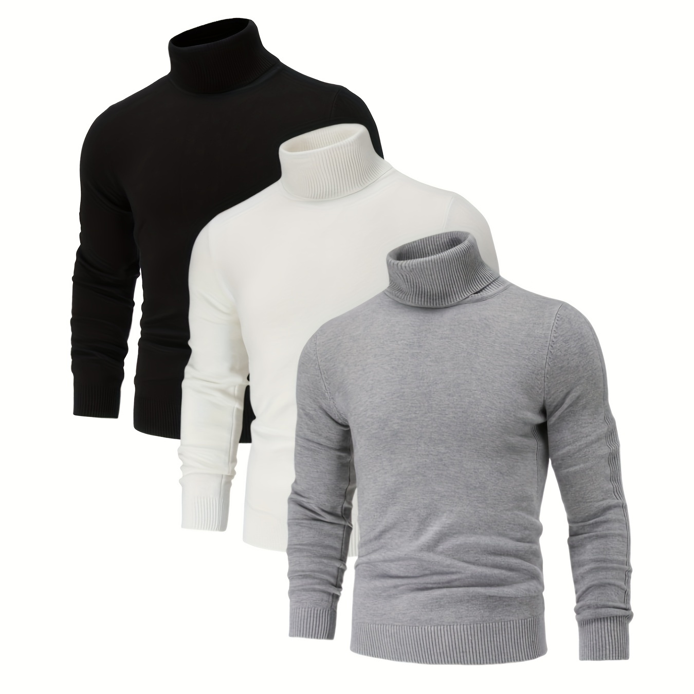 

3 Pcs Men' Knitted Pullover, Casual Long Sleeve Turtle Neck Sweater For