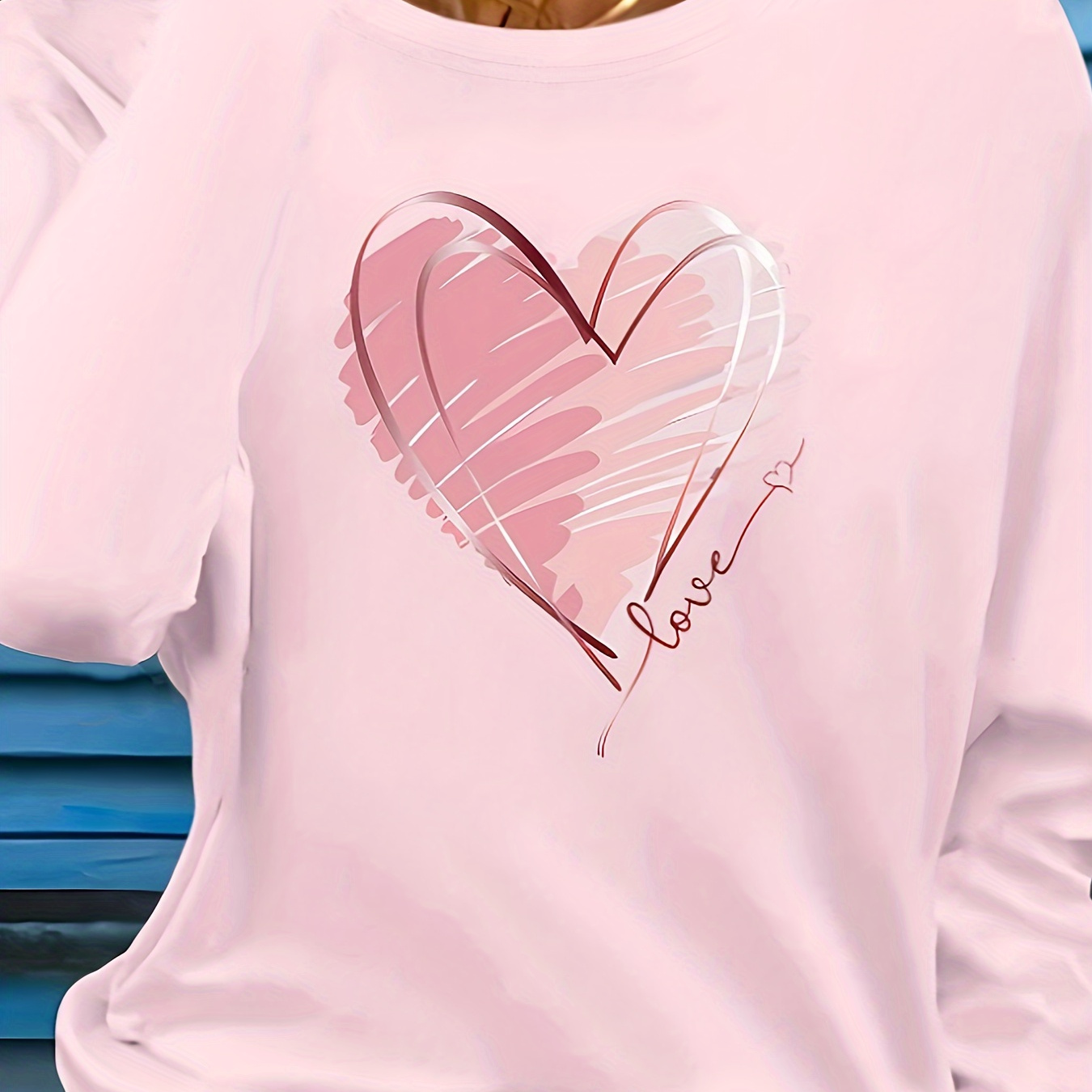 

Women's Casual Heart Print Long Sleeve T-shirt - Soft Polyester & Spandex , Crew Neck, Machine Washable, Black With Pink Gradient , Ideal For Spring/fall