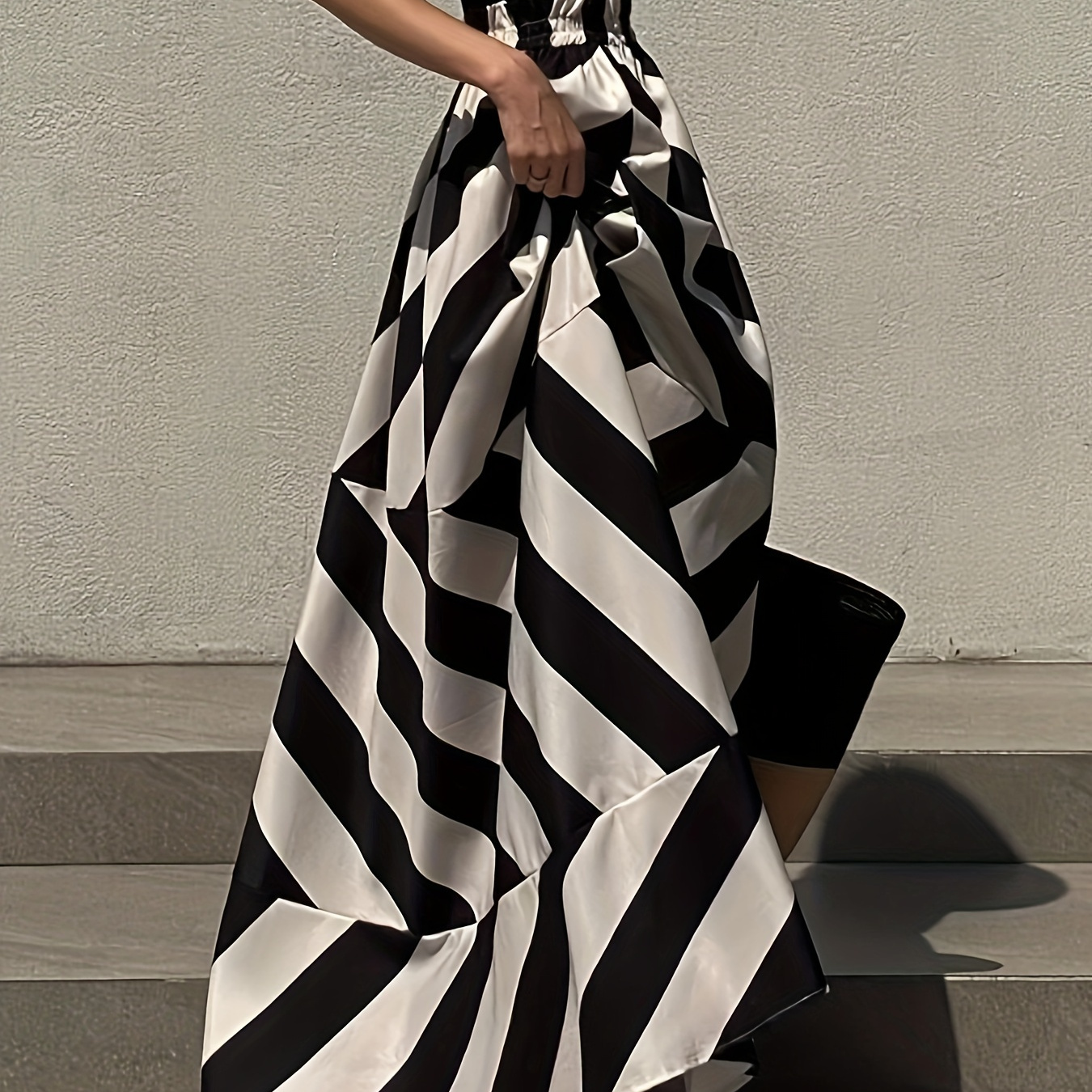 

Stripe Print Elastic High Waist Skirt, Stylish Maxi Length A-line Skirt For Spring & Summer, Women's Clothing