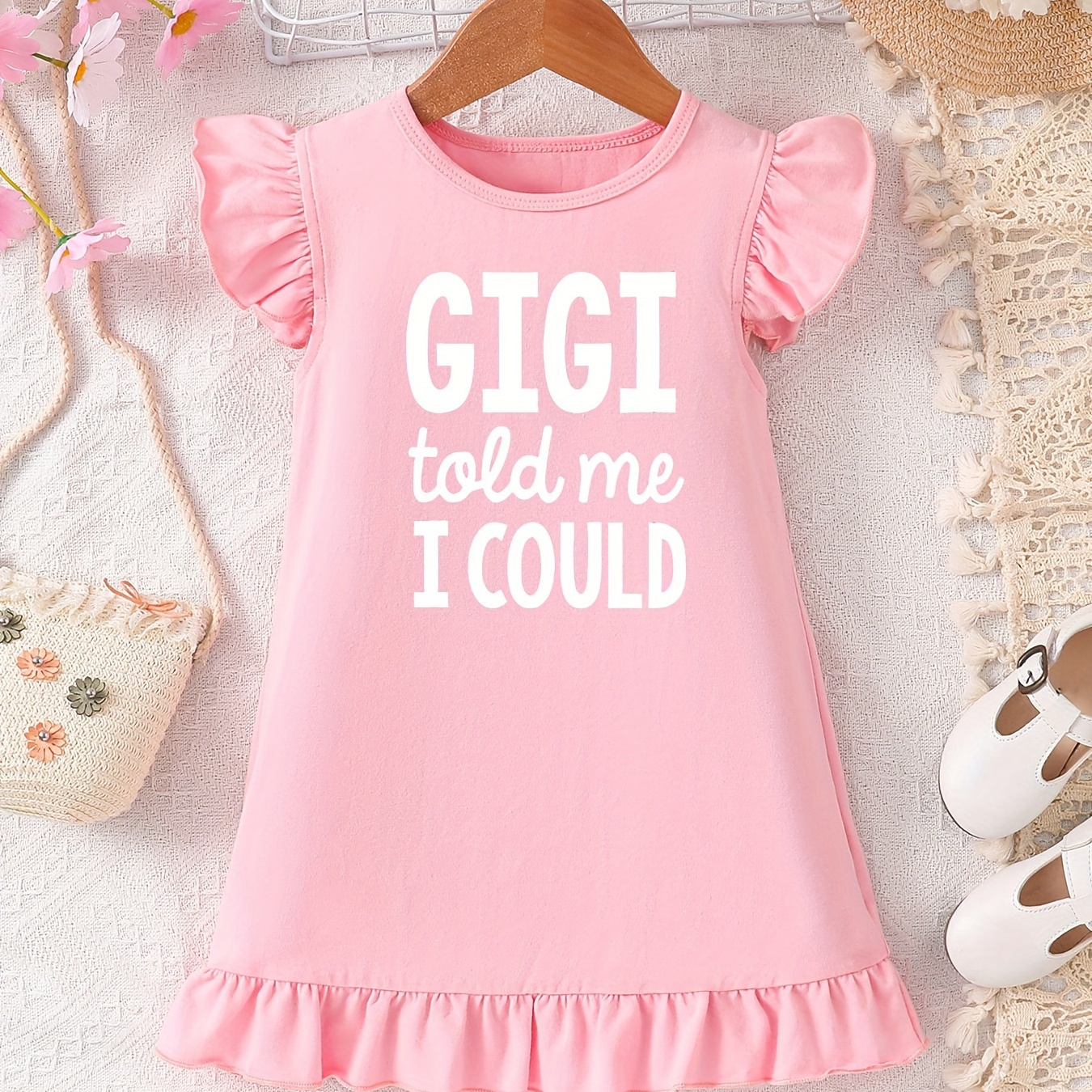 

Gigi Told Me I Could Print, Baby Girls' Comfy Crew Neck Ruffle Trim Cotton Dress For Spring & Summer, Toddler Girls' Clothes For Daily Activities