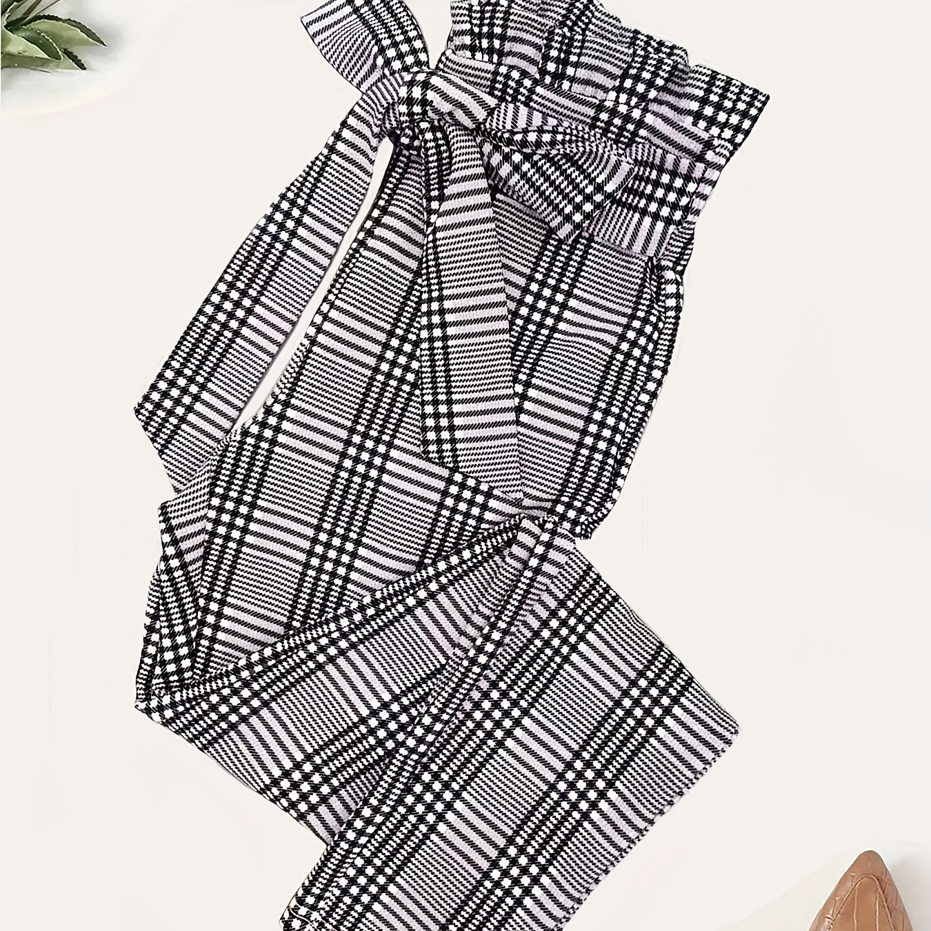 

Plaid Print Tie Waist Pants, Elegant Pants For Spring & Fall, Women's Clothing