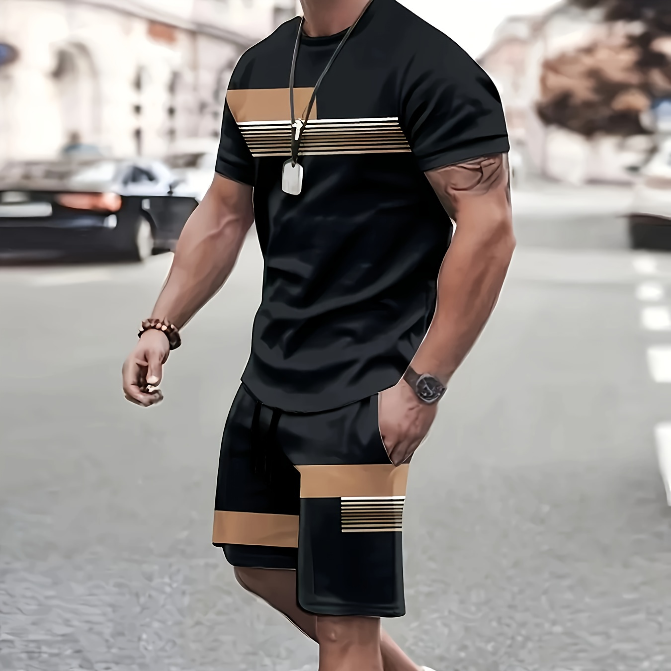 

Men's Outfit, Striped Casual Crew Neck Short Sleeve T-shirt & Drawstring Shorts 2-piece Set For Summer Outdoor Activities