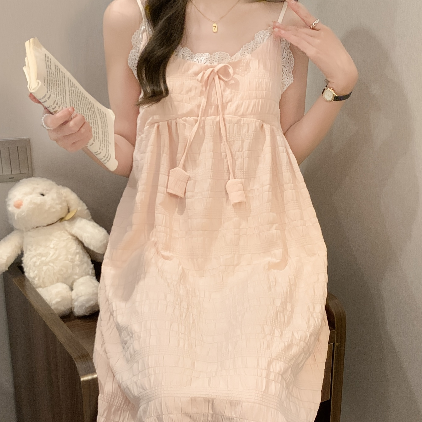 

Women's Sexy Solid Color Textured Sleepwear Dress, Bow Decor Lace Trim Round Neck Ruffle Hem Loose Fit Slip Dress, Comfortable Nightgown