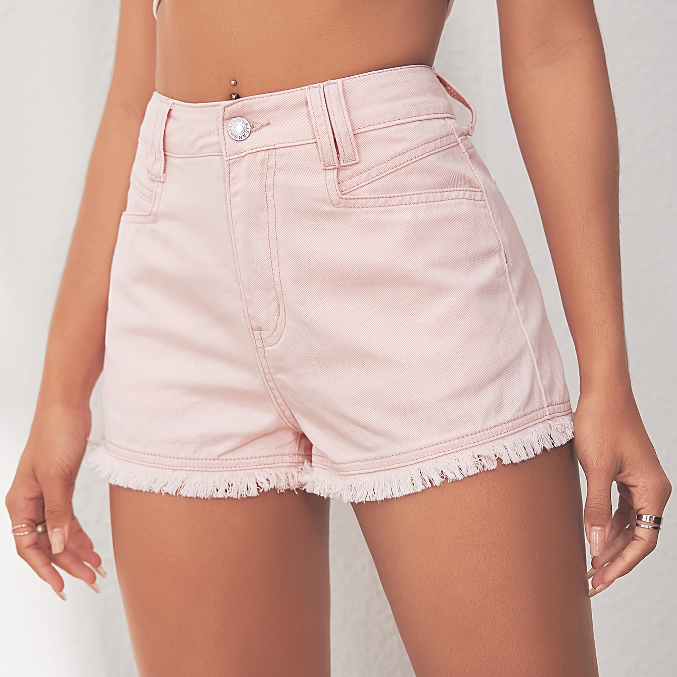 

Plain Peach Color Raw Hem Denim Shorts, Cute Zipper Button Closure Slash Pocket Denim Shorts, Women's Denim Jeans & Clothing