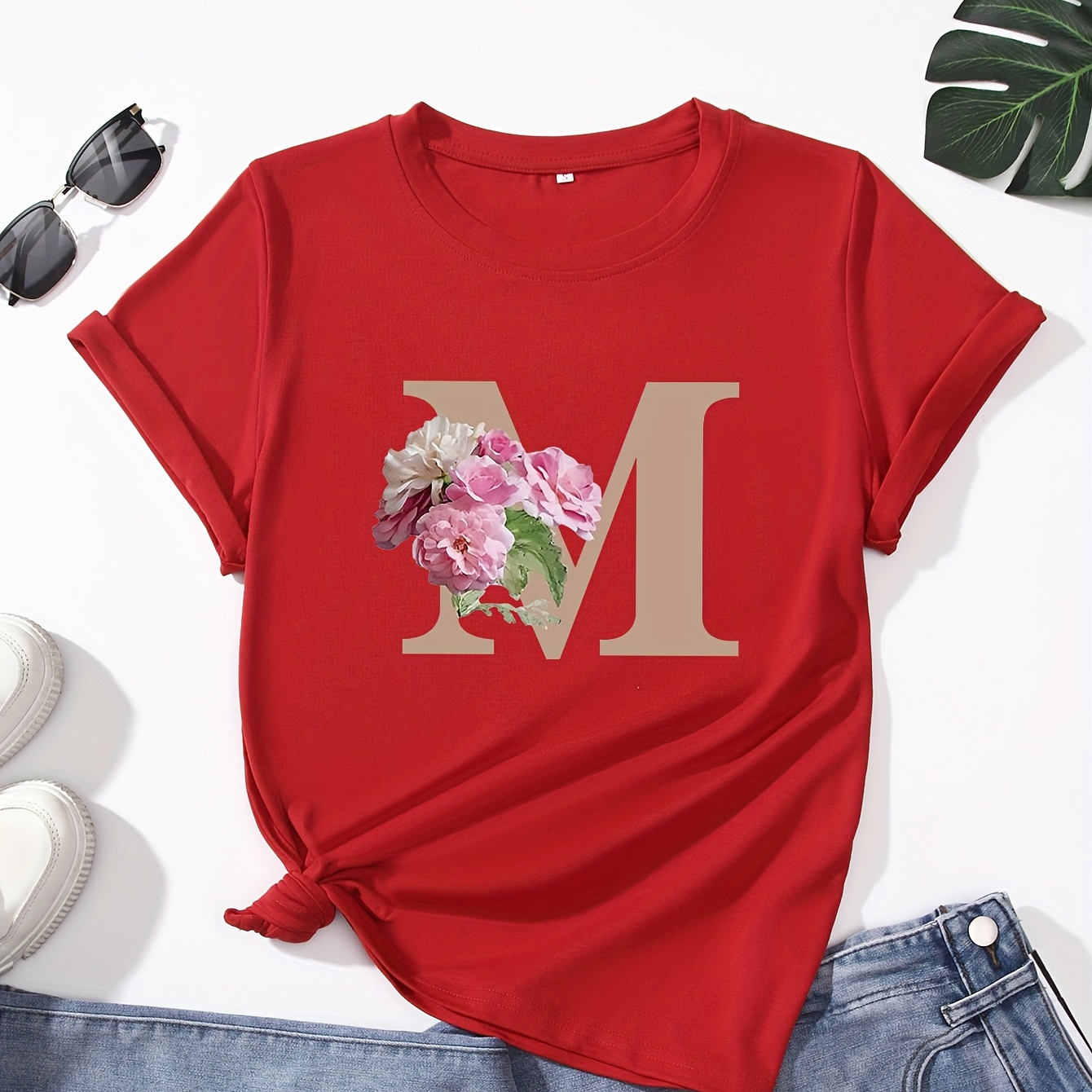 

Letter & Floral Print T-shirt, Casual Crew Neck Short Sleeve Top For Spring & Summer, Women's Clothing