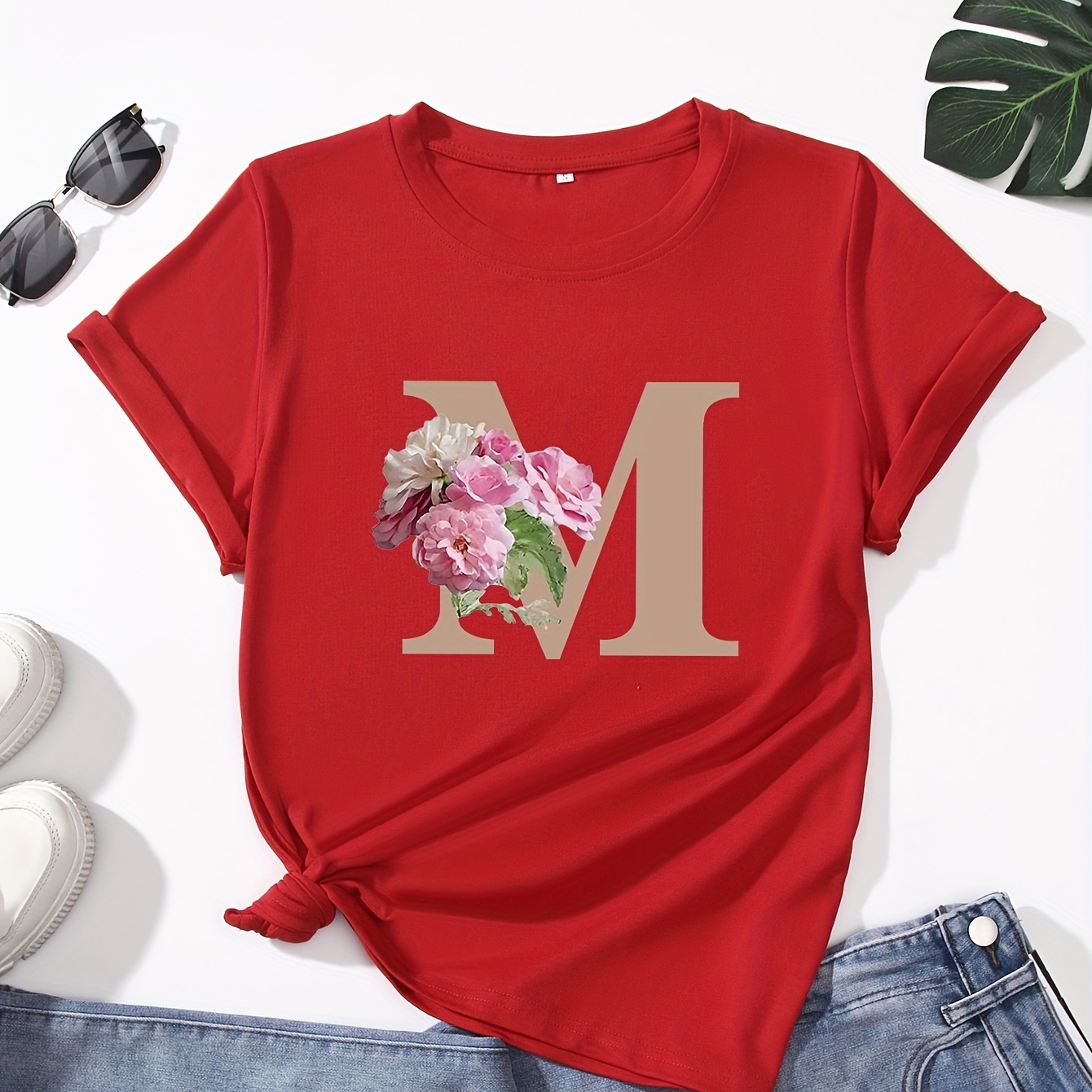 

T-Shirt Imprimé Lettres Et Fleurs, Haut Décontracté À Manches Courtes Et Col Rond Pour Le Printemps Et L'été, Vêtements Pour Femmes