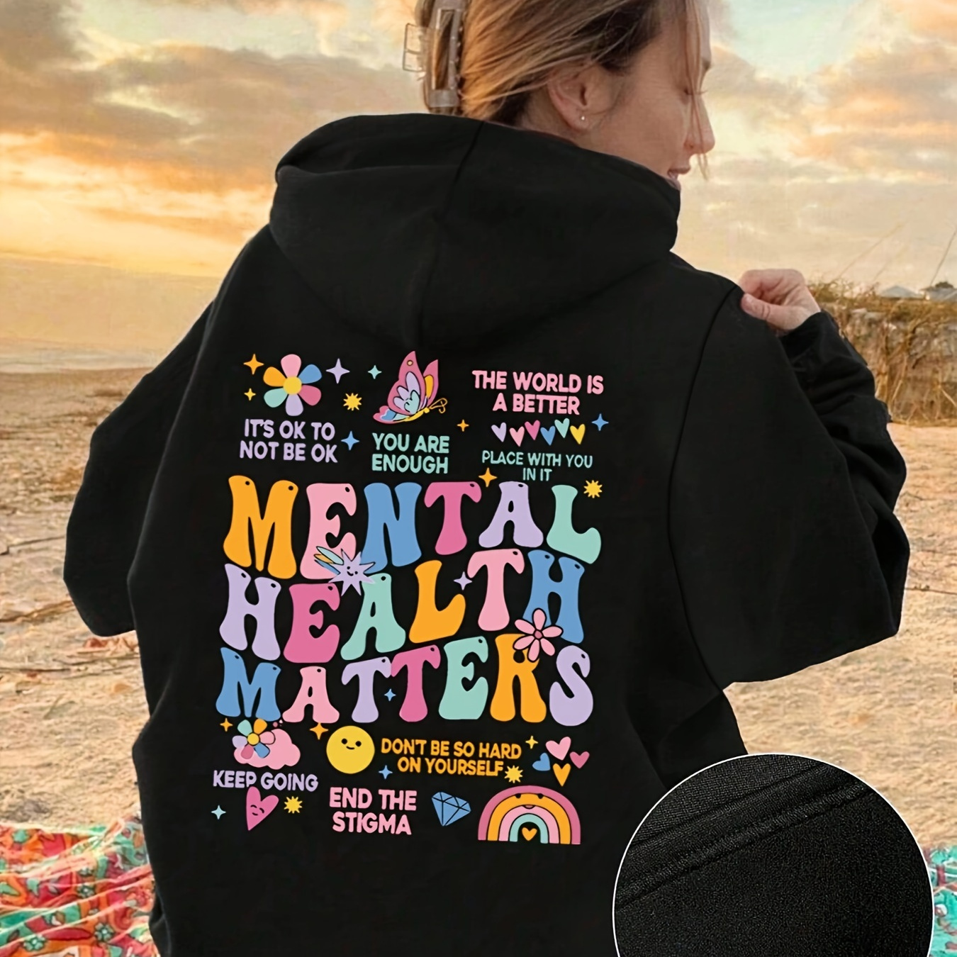 

Women's Casual Knit Hoodie With Alphabet Print - 100% Polyester Pullover With Drawstring Hood, Front Pocket, Fall/winter Season - Mental Health Matters Graphic Hooded Sweatshirt