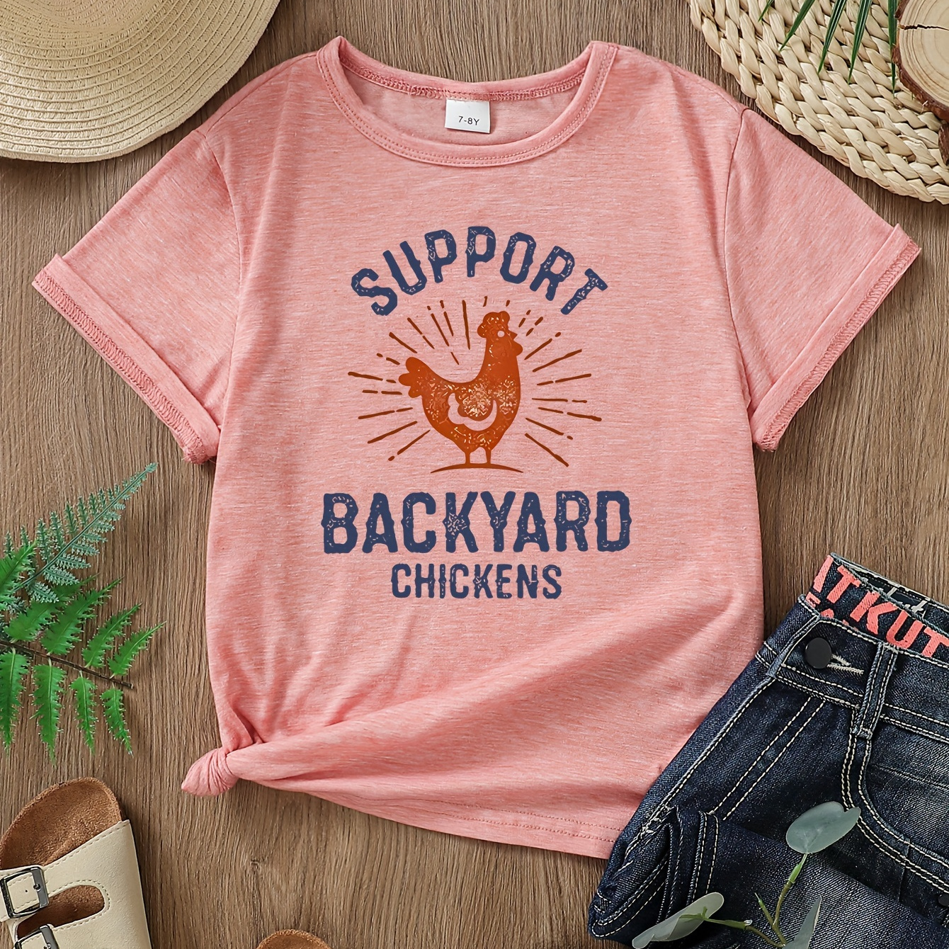 

Girls Summer Casual Fashion Support Backyard Chickens Printed T-shirt Top, Short Sleeves, Round Neck, Comfort Fit - Youthful Style