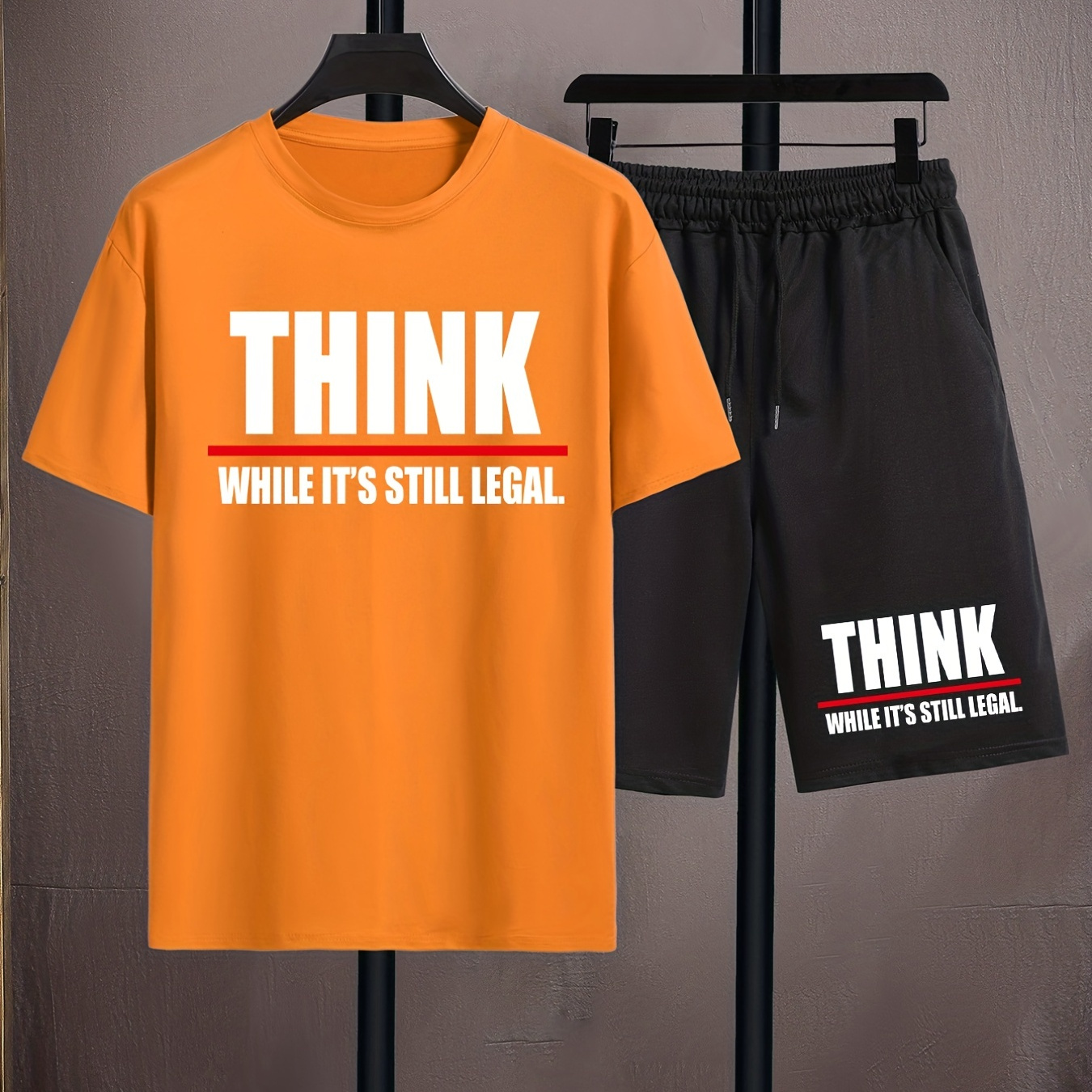 

''think While It's Still Legal'' Print, Men's 2pcs, Casual T-shirt And Loose Drawstring Shorts For Summer