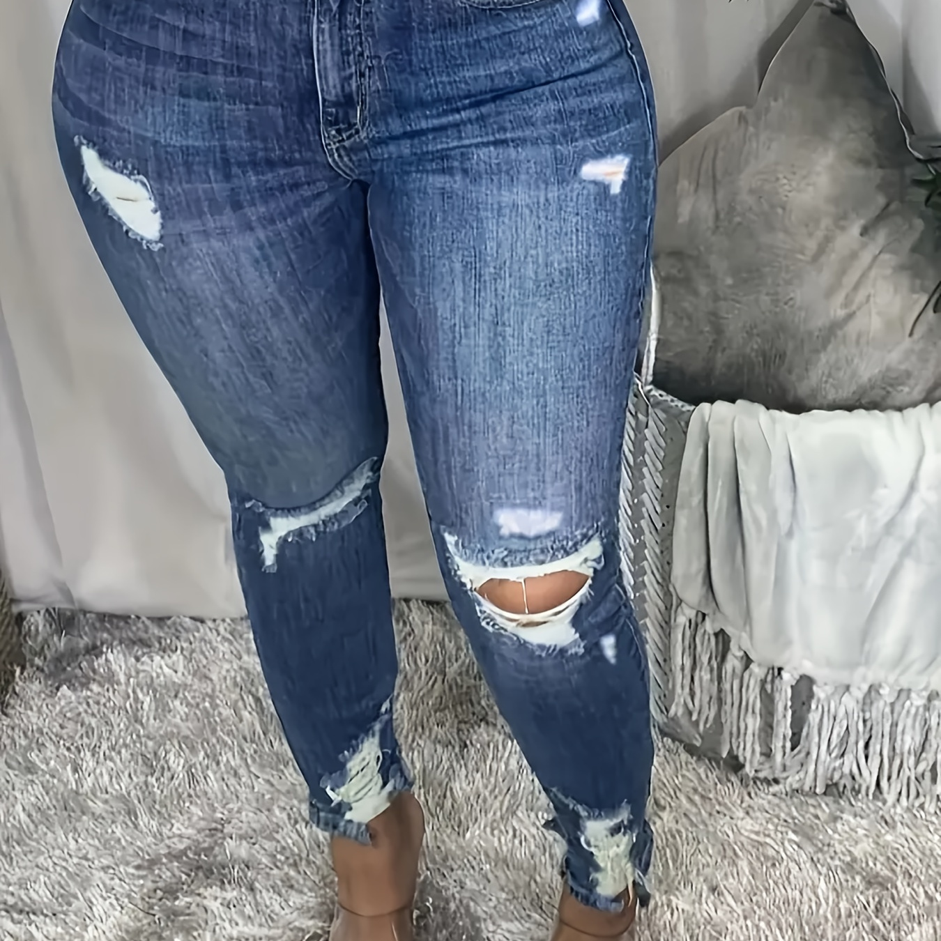 

Plus Size Casual Jeans, Women's Plus Washed Ripped Button Fly Raw Hem High Rise Skinny Jeans
