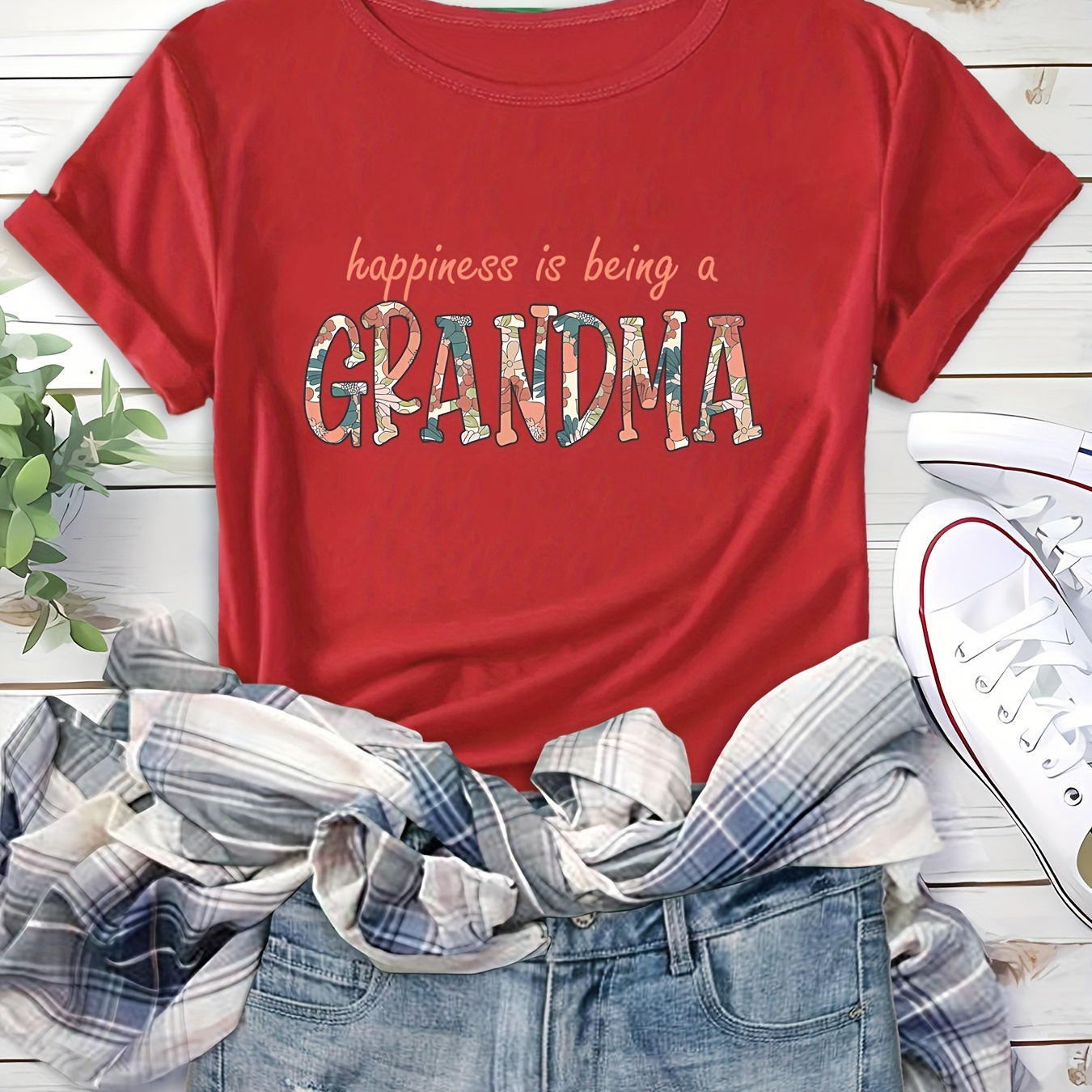 

Grandma Print Comfortable And Soft Sports T-shirt, Short Sleeve Causal Running Crew Neck Top, Women's Activewear