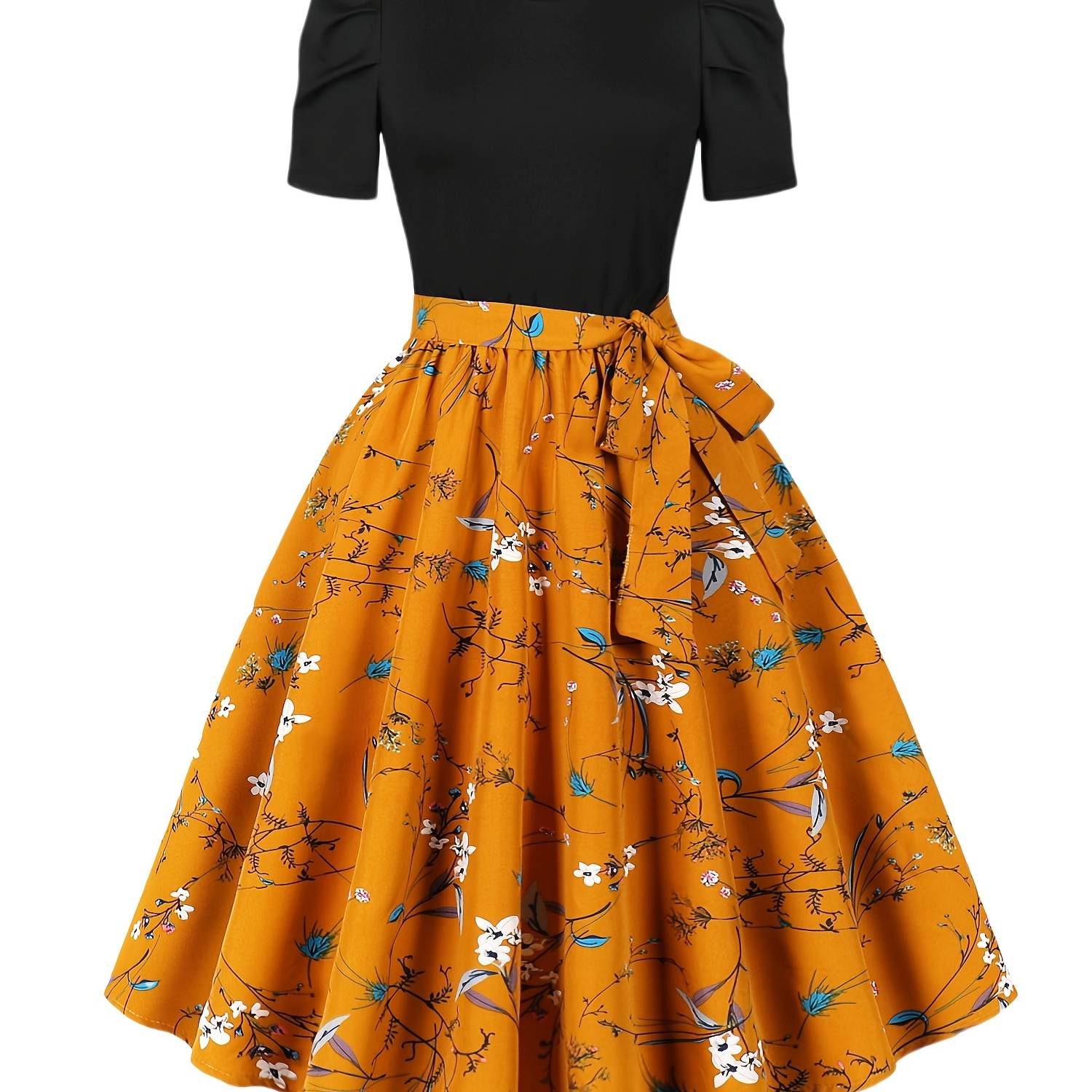 

Print Midi Dress With Puff Sleeves - Vintage-inspired, Round Neck, Waist & Belt Detail, Machine Washable, Polyester - Orange Party & Casual Vacation Attire For Women