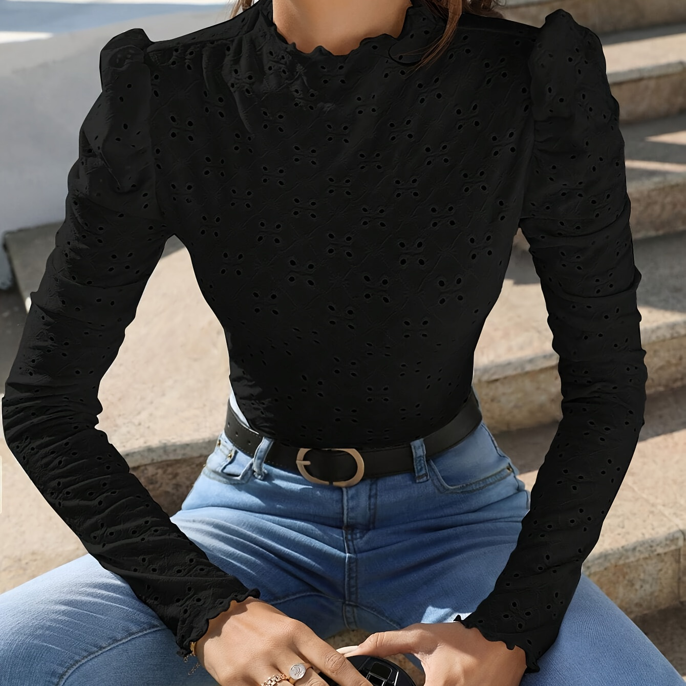 

Elegant French Solid Color Stand Collar Long Sleeve T-shirt With Embroidered Eyelet , Polyester And Elastane, Machine Washable, Sleeve