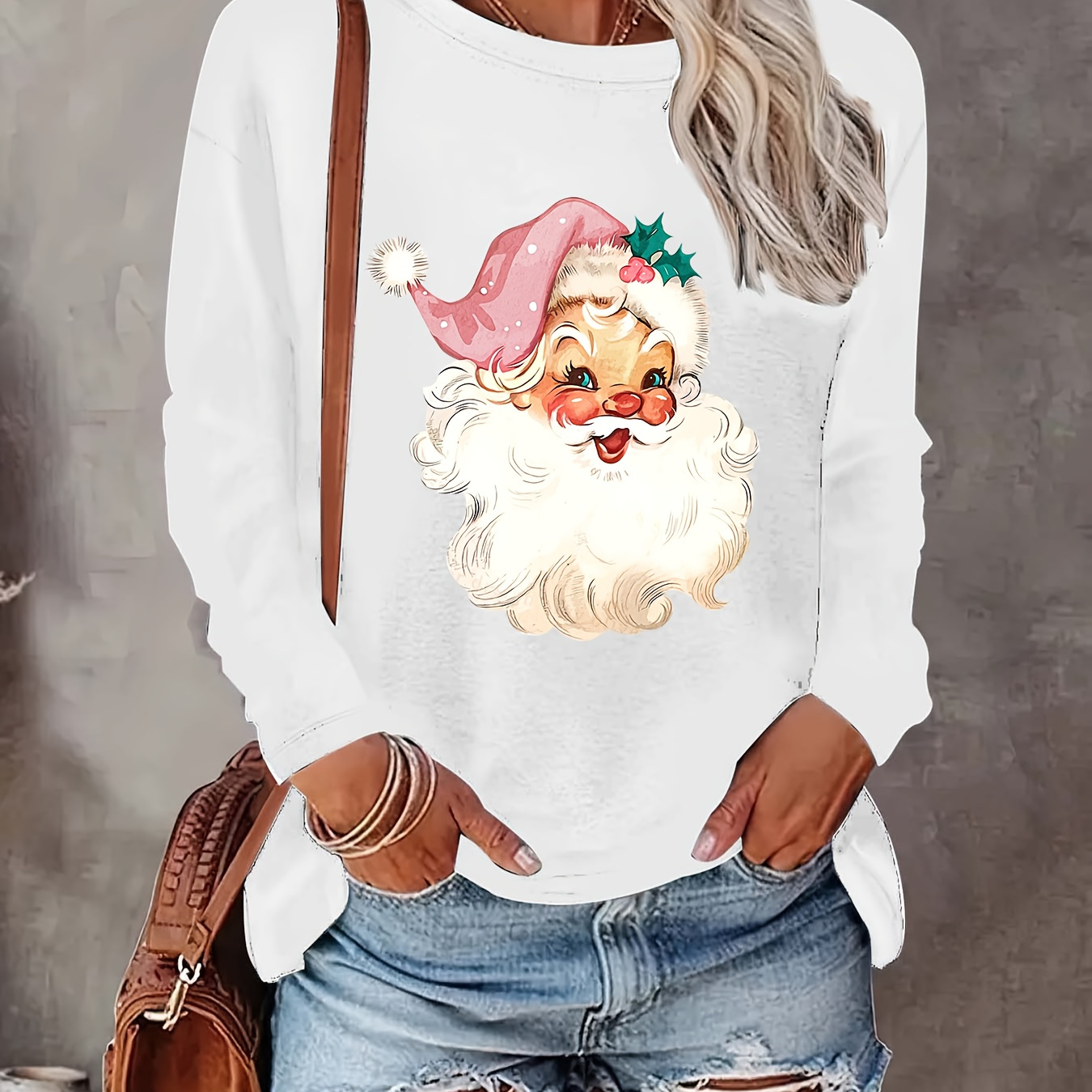 

Women's Christmas Santa Claus Print Long Sleeve T-shirt, Casual Crew Neck Pullover, Polyester And Elastane Blend, Medium Stretch Knit Fabric, Regular Length Top For All Seasons