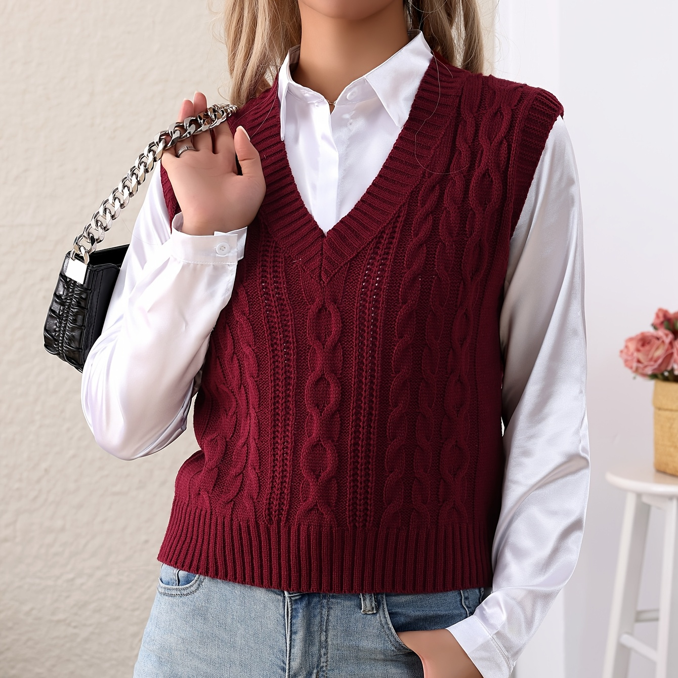 

1pc Women's Casual Knit V-neck Sleeveless Vest Sweater - Solid Color Acrylic Pullover With Stretch For Spring/summer/fall - Cable Knit Texture, Regular Fit