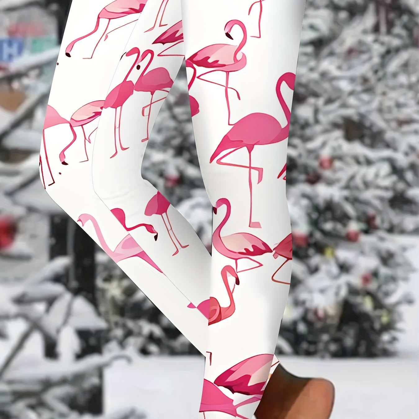 

1pc Flamingo Print Skinny Leggings For Women, 95% Polyester 5% Elastane, Casual Knit Fabric Pants, Adult Fit