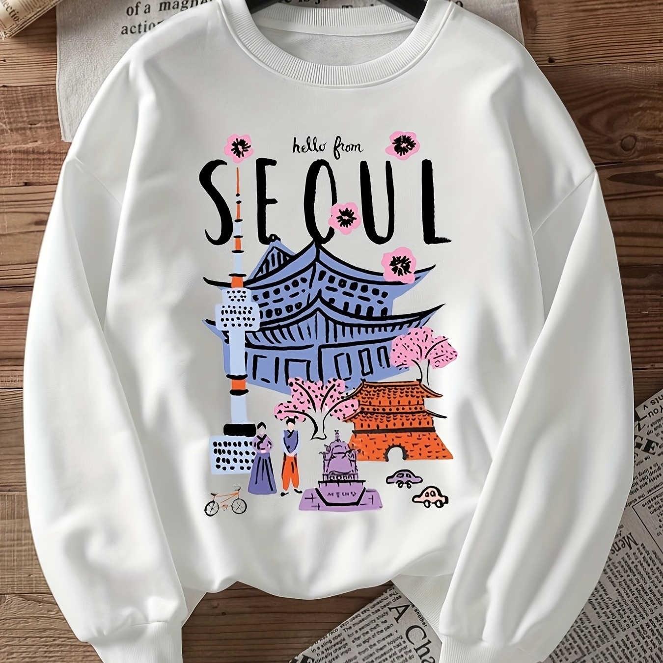 

1pc Sweat-shirt décontracté à col rond pour femme avec imprimé architectural de Séoul, tissu en de polyester, haut de mode automne/hiver