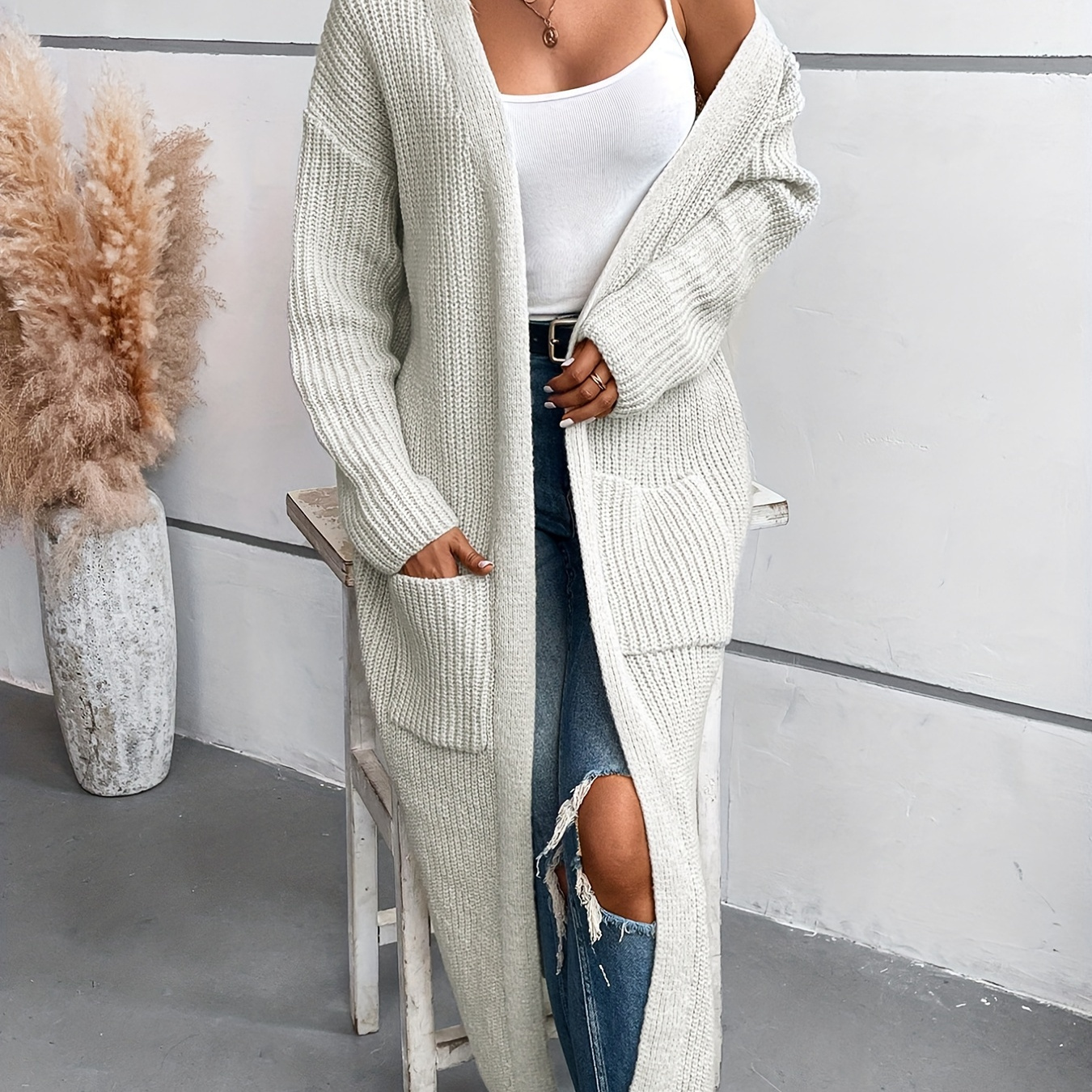 

Solid Open Front Pocket Cardigan, Casual Long Sleeve Long Length Slit Cardigan, Women's Clothing