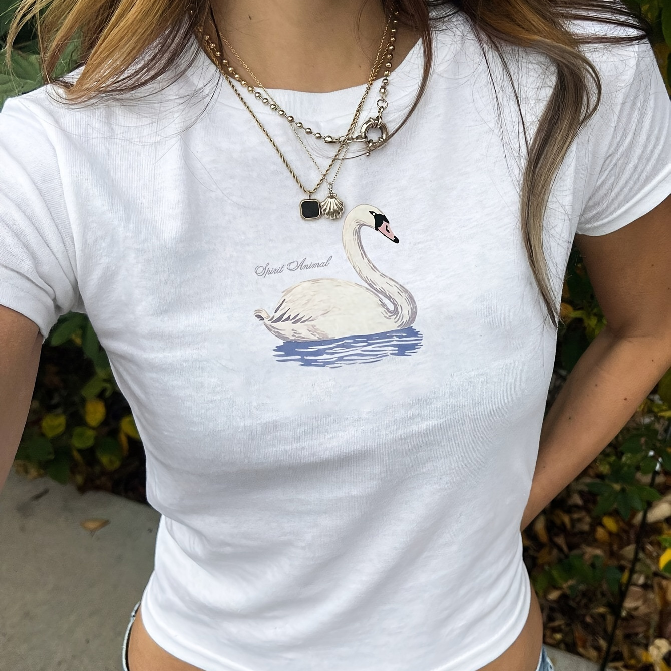 

Swan Print Crew Neck T-shirt, Casual Crop Short Sleeve T-shirt For Spring & Summer, Women's Clothing