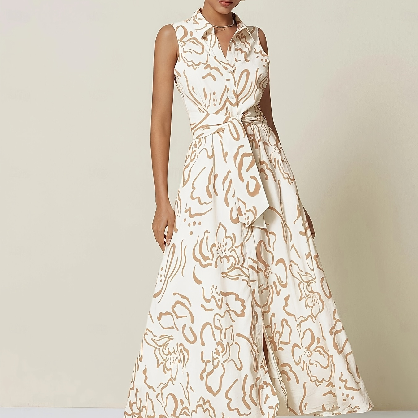 

Elegant Summer Floral Print Sleeveless Maxi Dress, Polyester 100%, Lapel Collar, Hem, With Pockets And Waist Belt