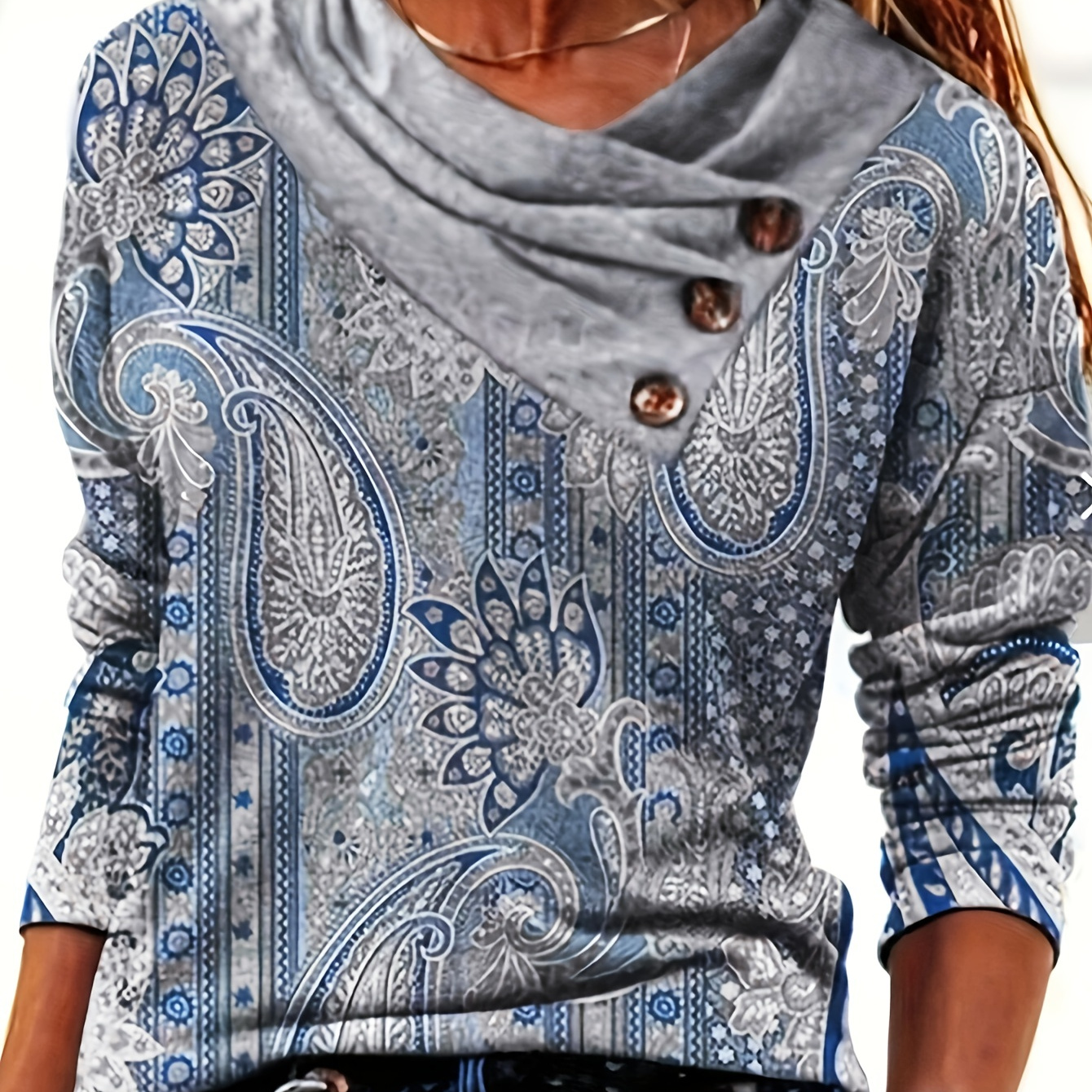 

Paisley Pattern Surplice Neck Top, Casual Long Sleeve Button Detail Top For Spring & Fall, Women's Clothing