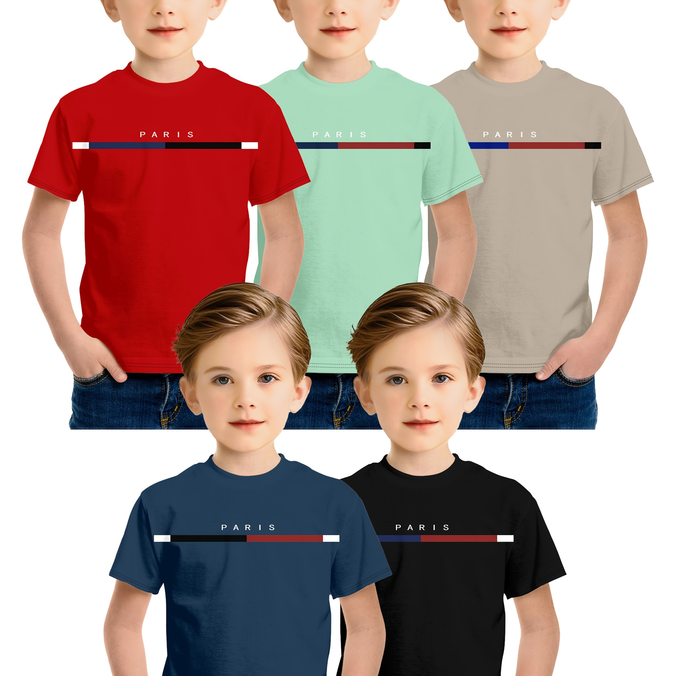 

5pcs Boys' Parisian Letter Print T-shirts - Stylish 3d Digital Graphic, Crew Neck, Short Sleeve, Summer Casual Tops For - Red, Green, , Blue, Black, Boy T Shirt