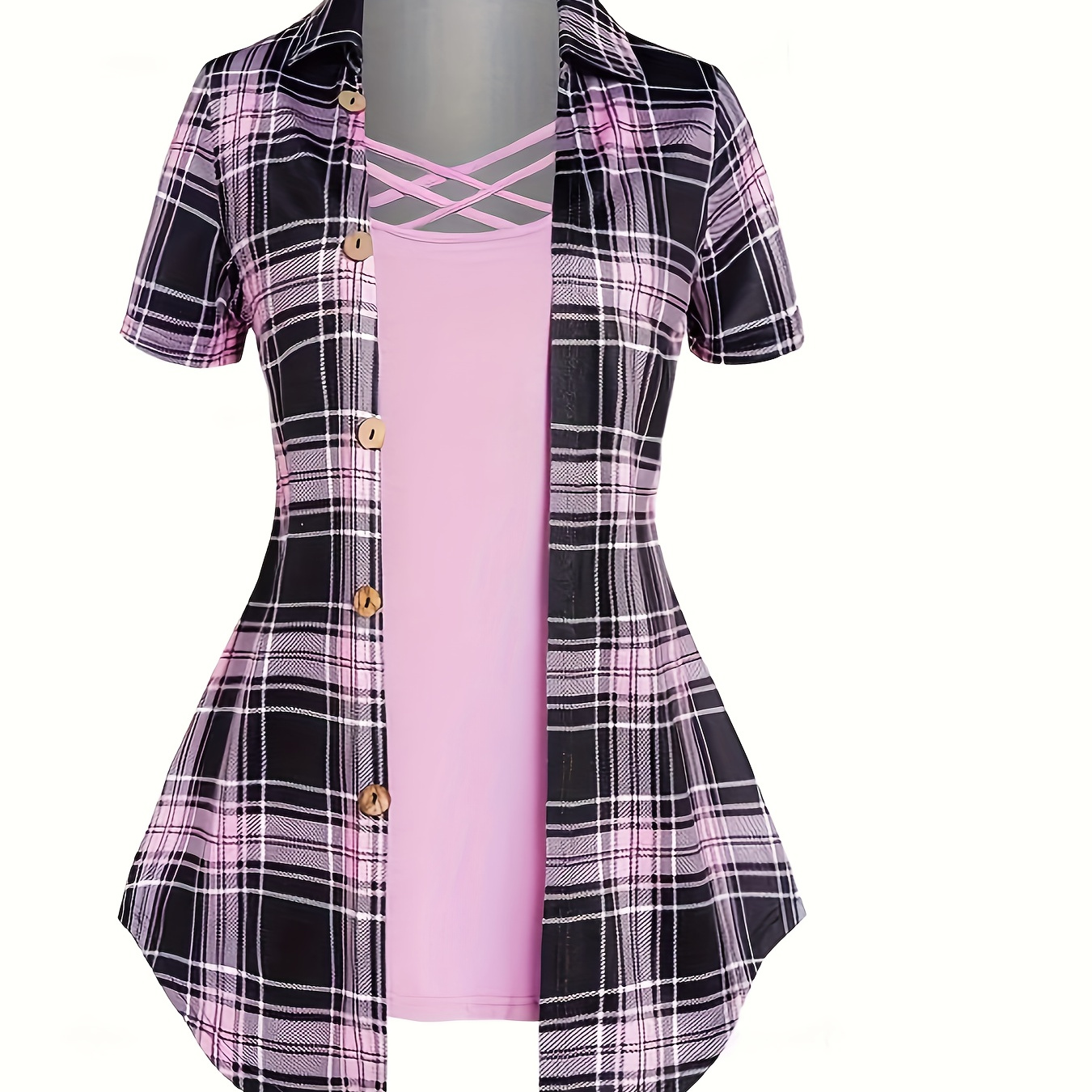 

2-in-1 Plaid Print Collared T-shirt, Casual Button Short Sleeve Top For Spring & Summer, Women's Clothing
