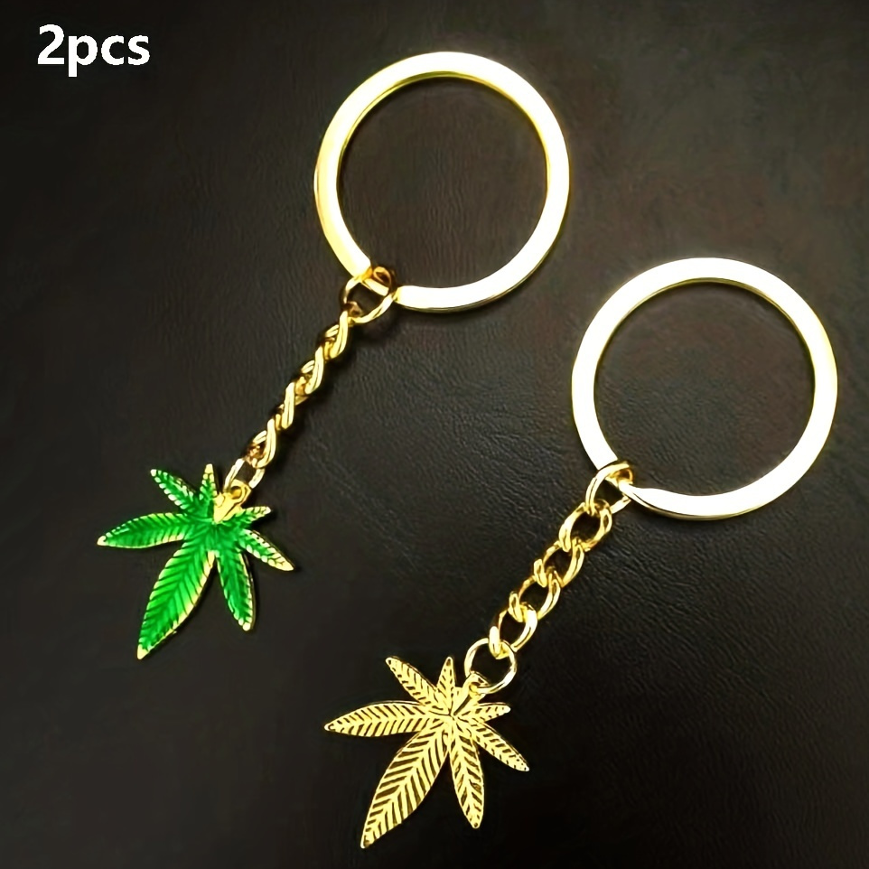 2pcs Green & Gold Weed Marijuana Leaf Keychain - Perfect DIY Anniversary Gift for Men!