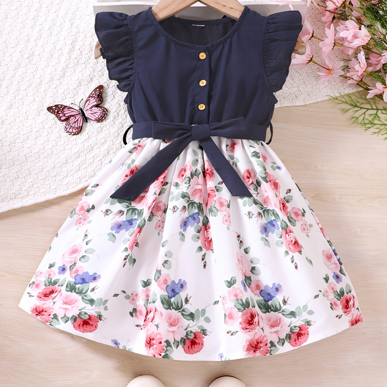 Toddler Girls Floral Ruffle Trim Button Belted Princess Dress For Party Kids Summer Clothes