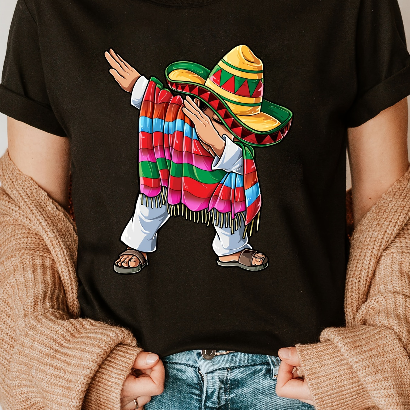 

Mexican Boys Print Crew Neck T-shirt, Short Sleeve Casual Top For Summer & Spring, Women's Clothing