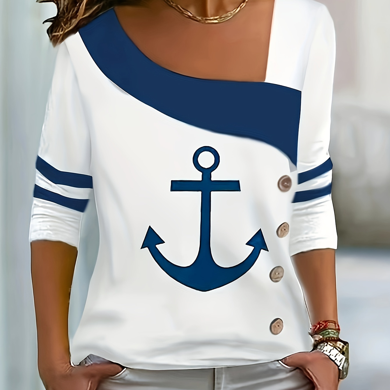 Anchor Print Colorblock T-Shirt, Casual Long Sleeve Top For Spring & Fall, Women's Clothing