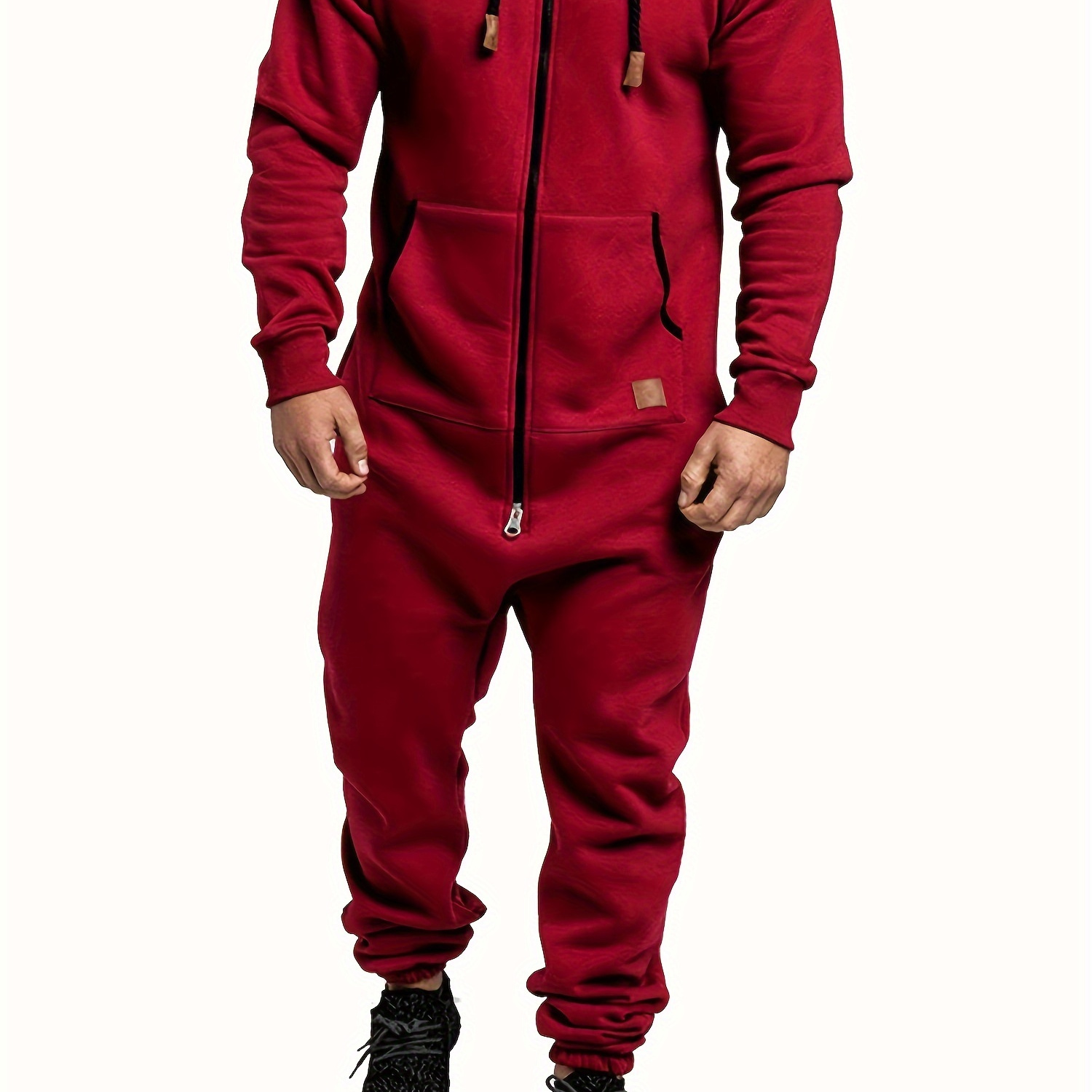 

Men's Fleece-lined Hooded Jumpsuit With Kangaroo Pocket - Cotton , Zip-up Long Sleeve Workwear For Fall/winter