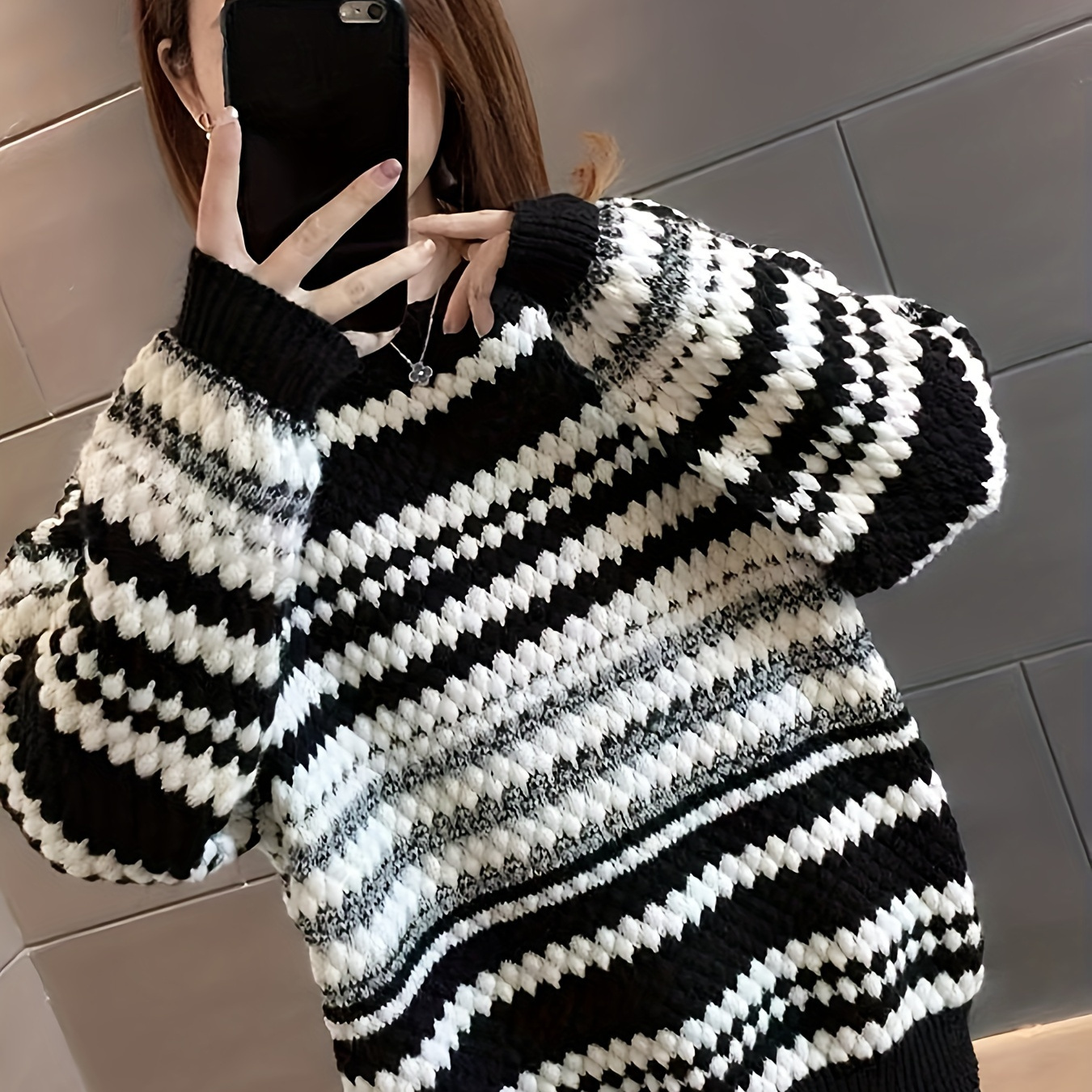 

Elegant Striped Sweater For Women - Winter Polyester Knit Pullover With Round Neck, Woven, No Belt, - Stripes