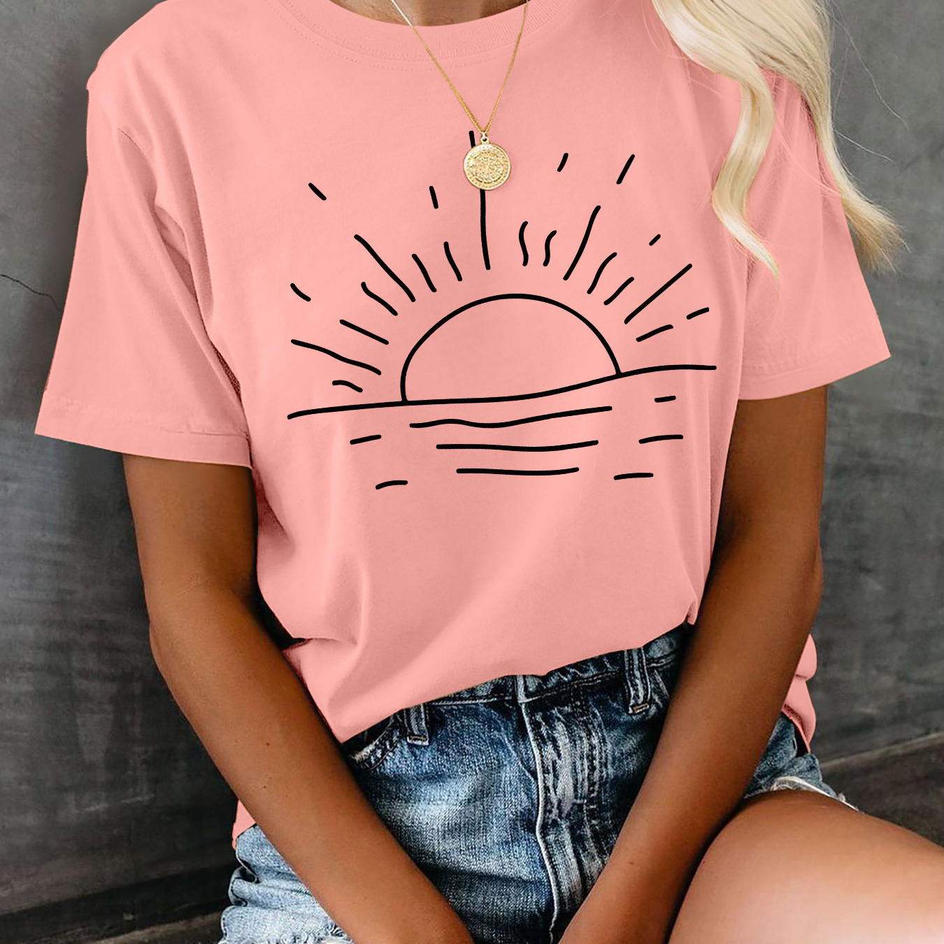 

Sun Print T-shirt, Short Sleeve Crew Neck Casual Top For Summer & Spring, Women's Clothing