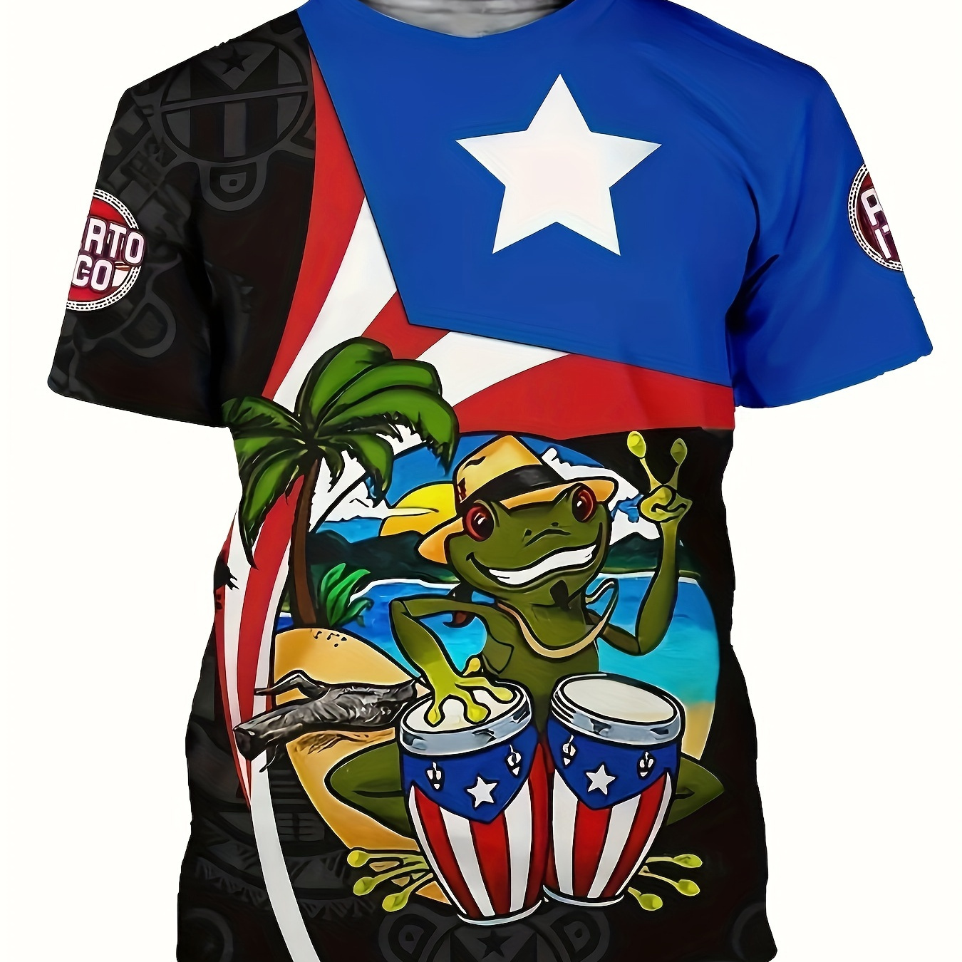 TEMU Novelty Frog Drummer Pattern Neck Short Sleeve T-shirt For Men, Casual Summer T-shirt For And Vacation Resorts