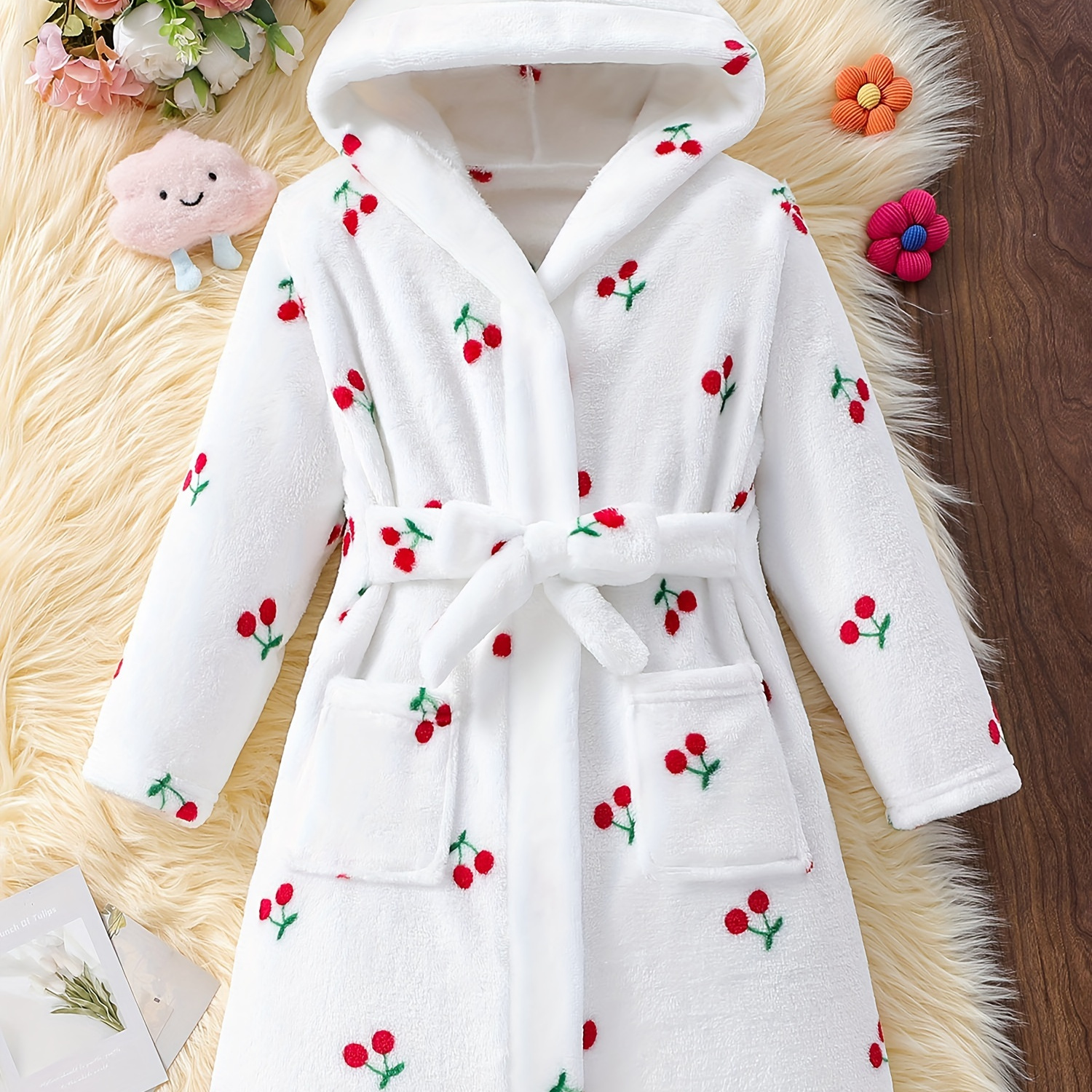 

Girls Robe Soft Warm Hooded Bathrobe With Blet Cherry Pattern For Gift