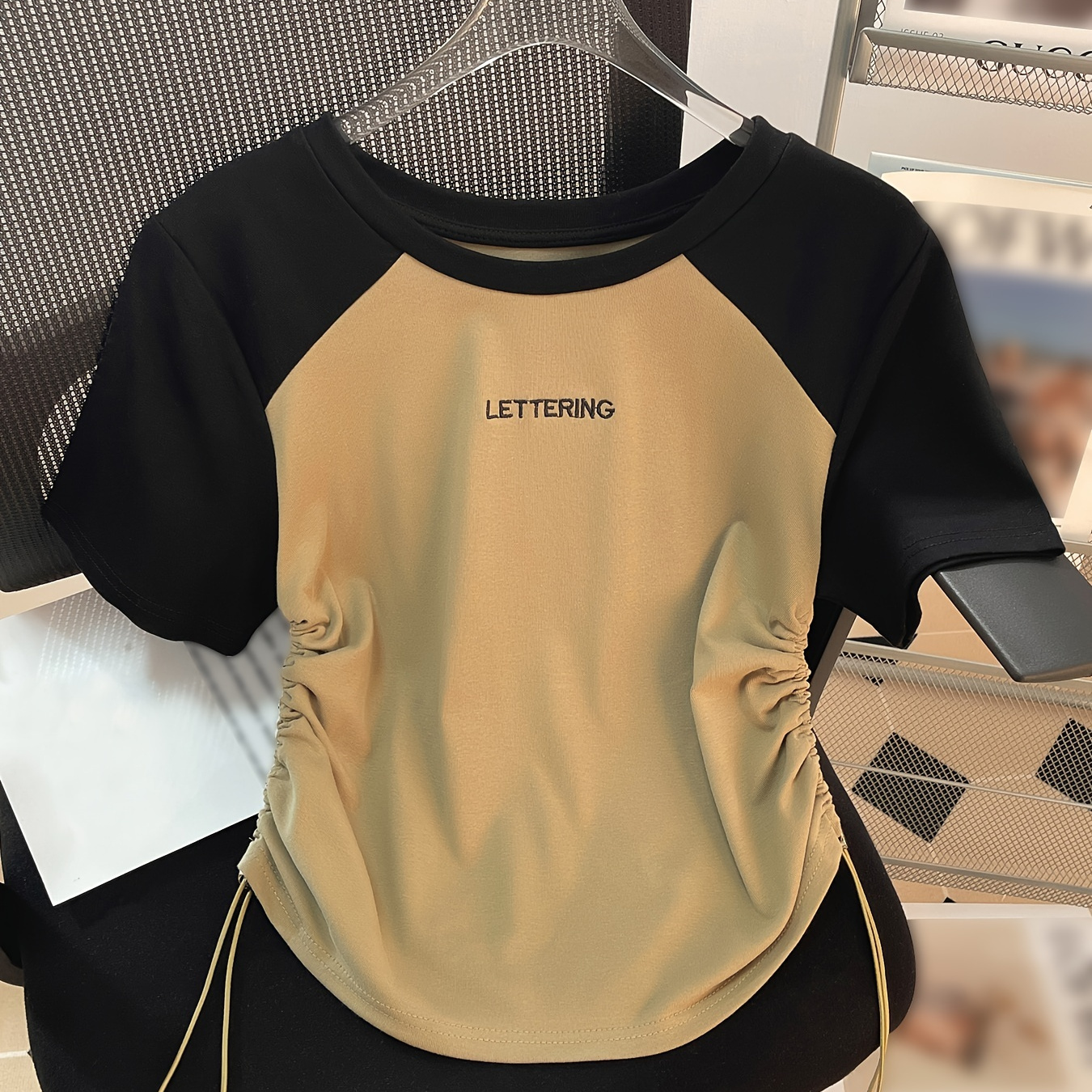 

Letter Print Crew Neck T-shirt, Casual Drawstring Ruched Raglan Sleeve Top For Spring & Summer, Women's Clothing