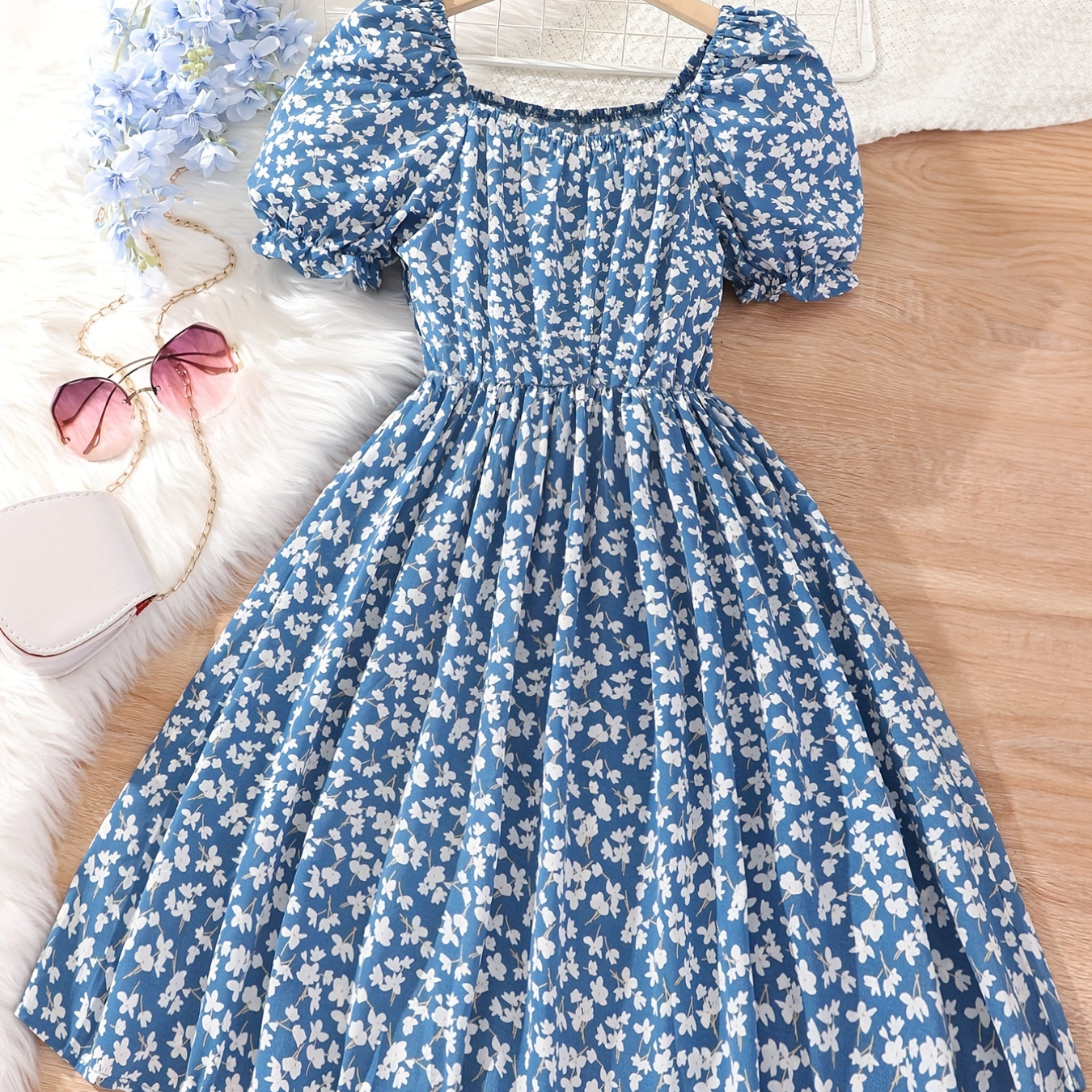 

Girls Ditsy Floral Print Square Neck Elastic Waist Casual Dress For Summer Outfit