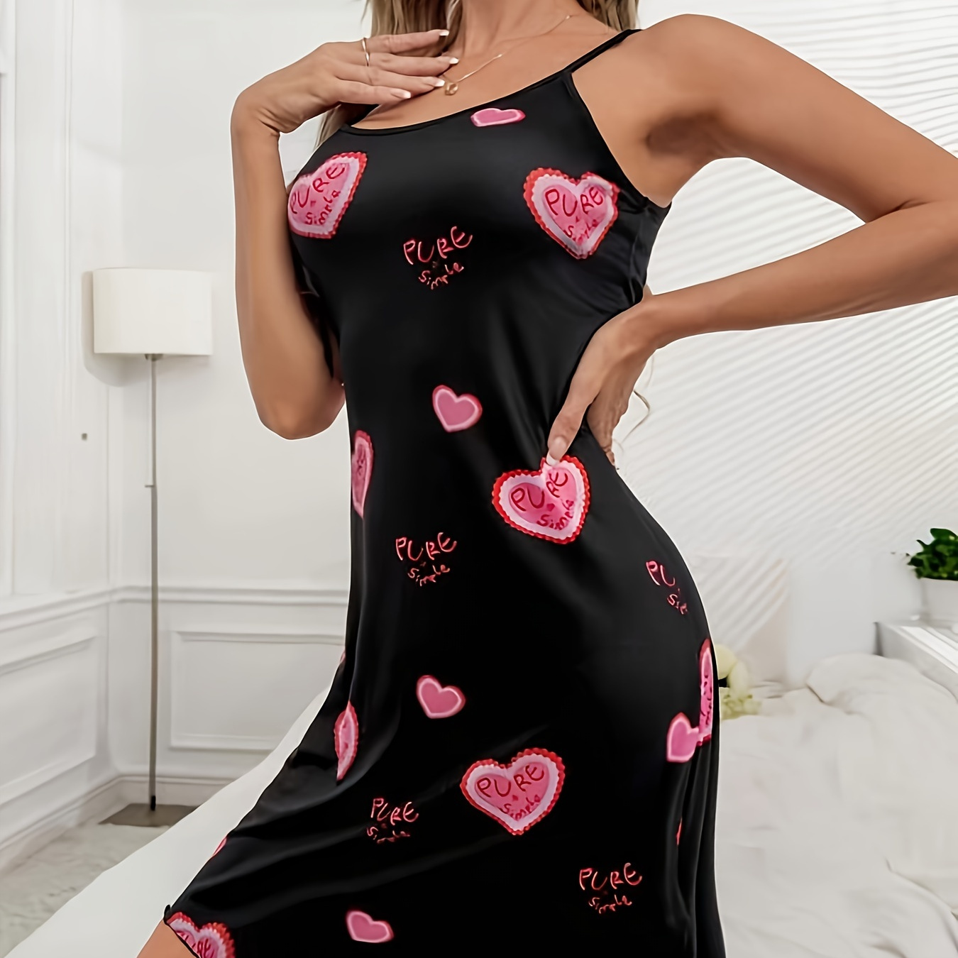 

Sexy Heart & Letter Print Slip Nightdress, Round Neck Nipped Waist Knee Length Sleep Dress, Women's Sleepwear & Dresses