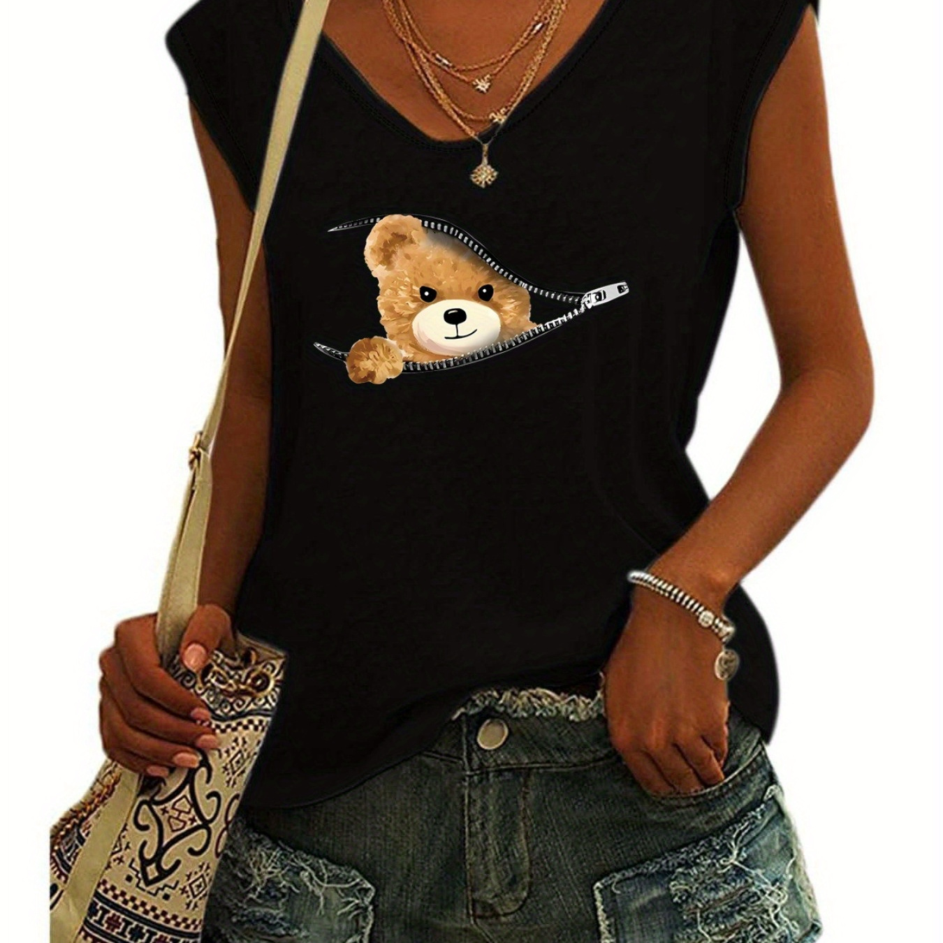 

Bear Graphic Print Tank Top, Sleeveless Casual Top For Summer & Spring, Women's Clothing