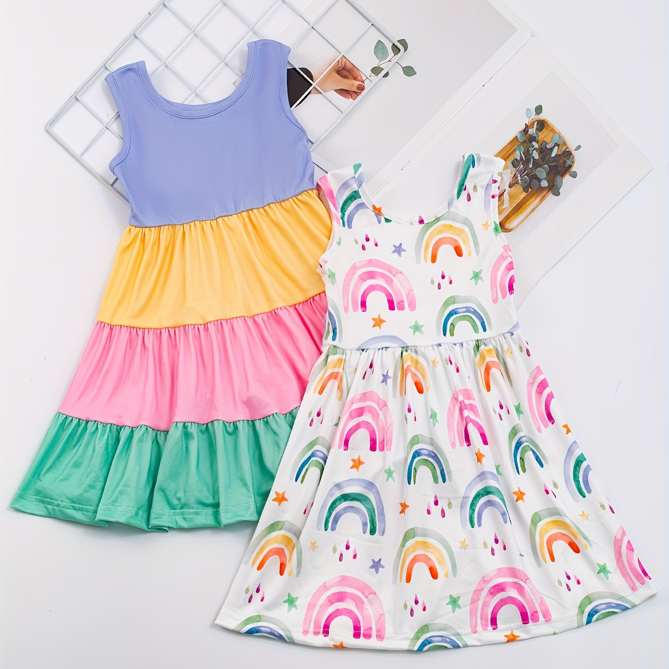 

2pcs Summer Girls Splicing Colorblock Ruffle Trim Dress + Rainbow Print Dress Set